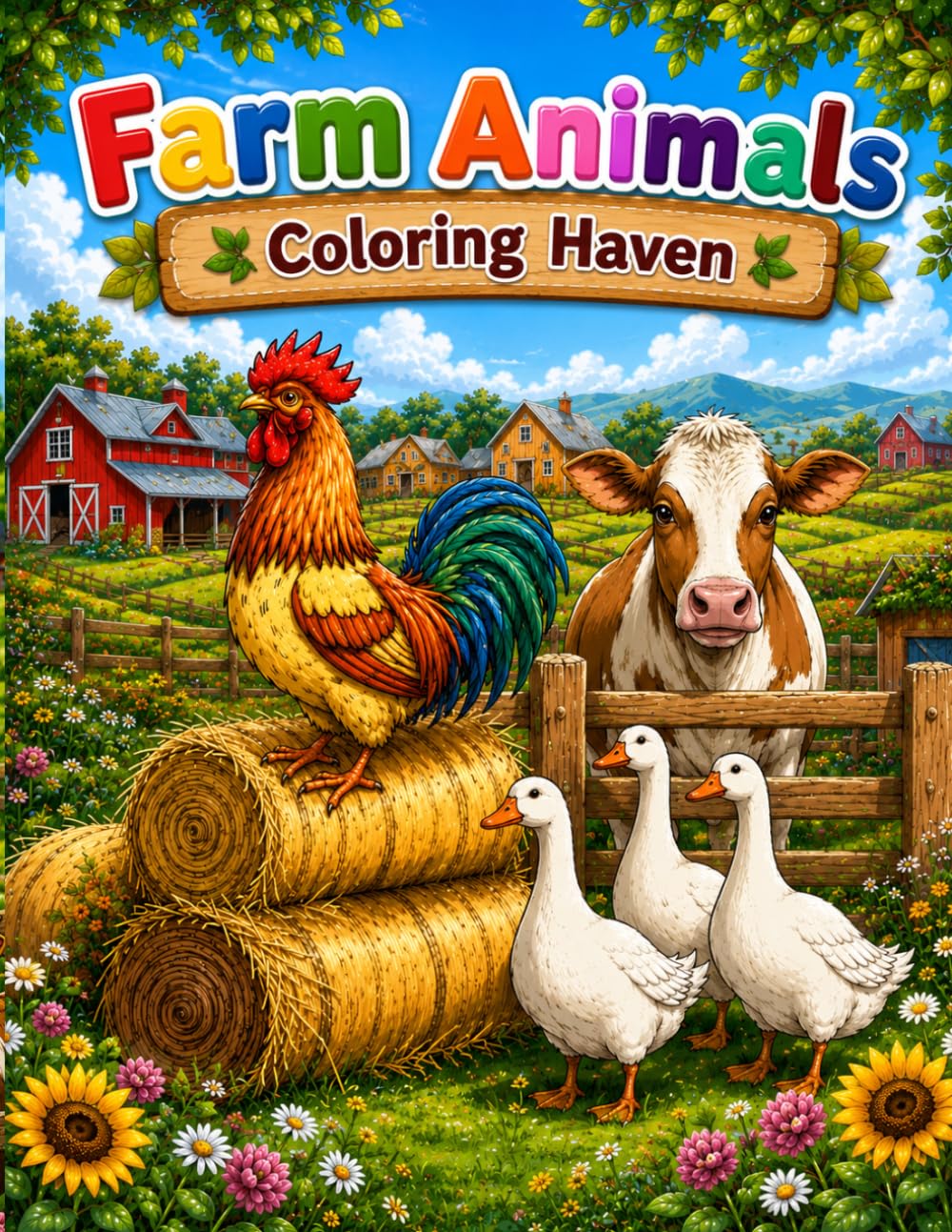 Farm Animals Coloring Haven: 50 Relaxing Black-and-White Line Art Pages of Peaceful Countryside Scenes