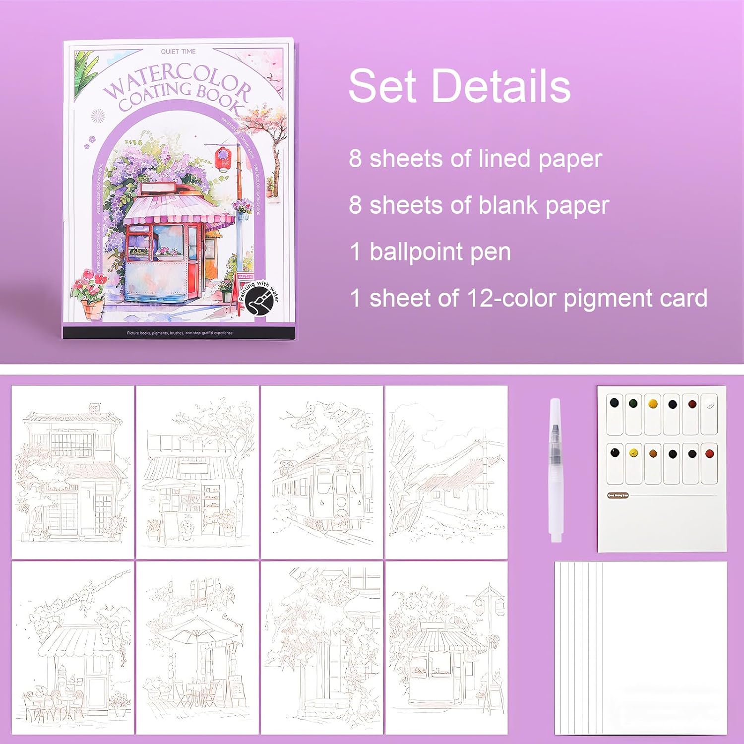 Watercolor Coloring Book, Watercolors Paint Adult Set Ideal for beginners and watercolor enthusiasts (purple)
