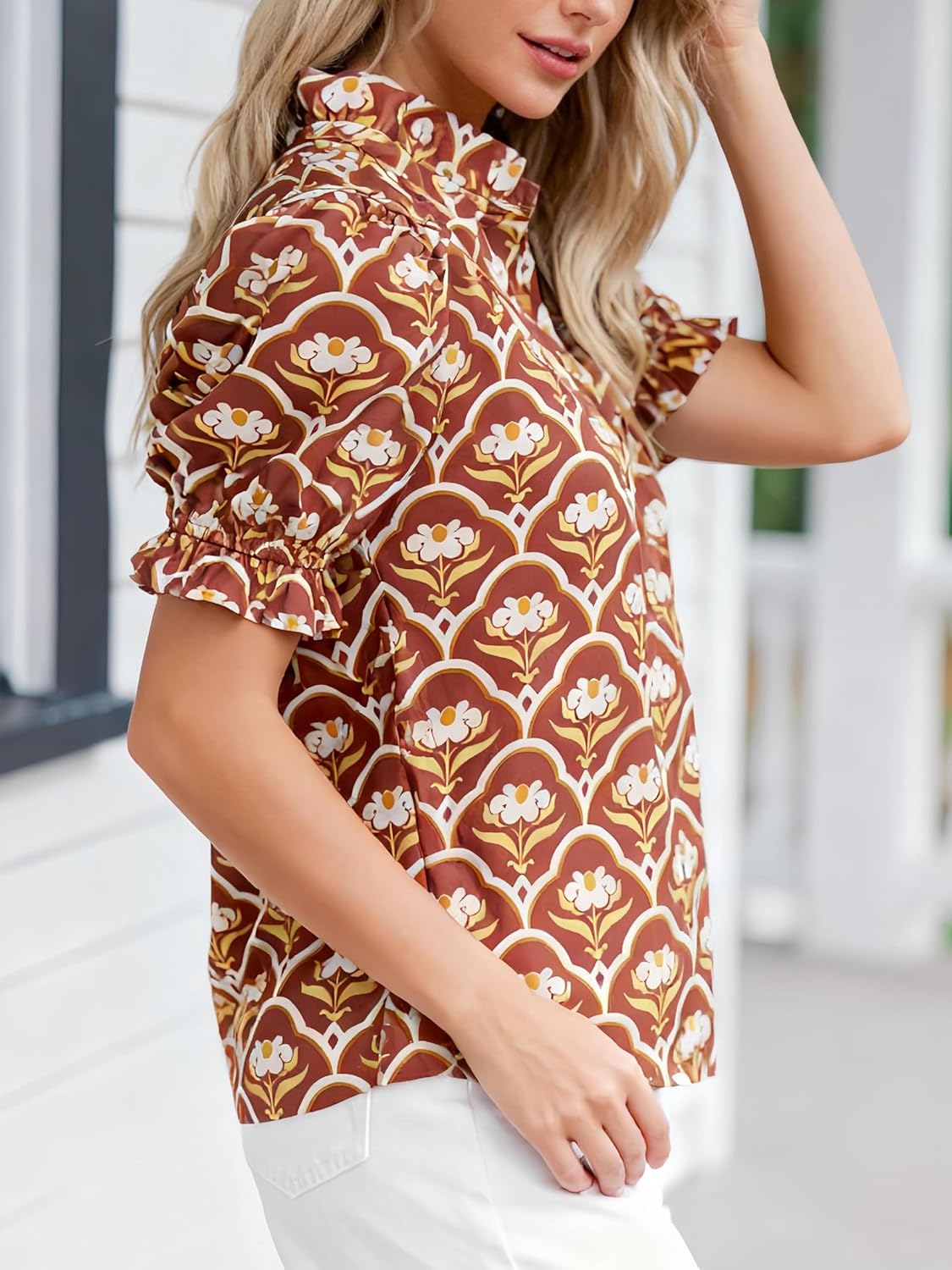 Womens Puff Short Sleeve Floral Shirt Ruffle V Neck Button Front Blouse Pleated Top - Image 4