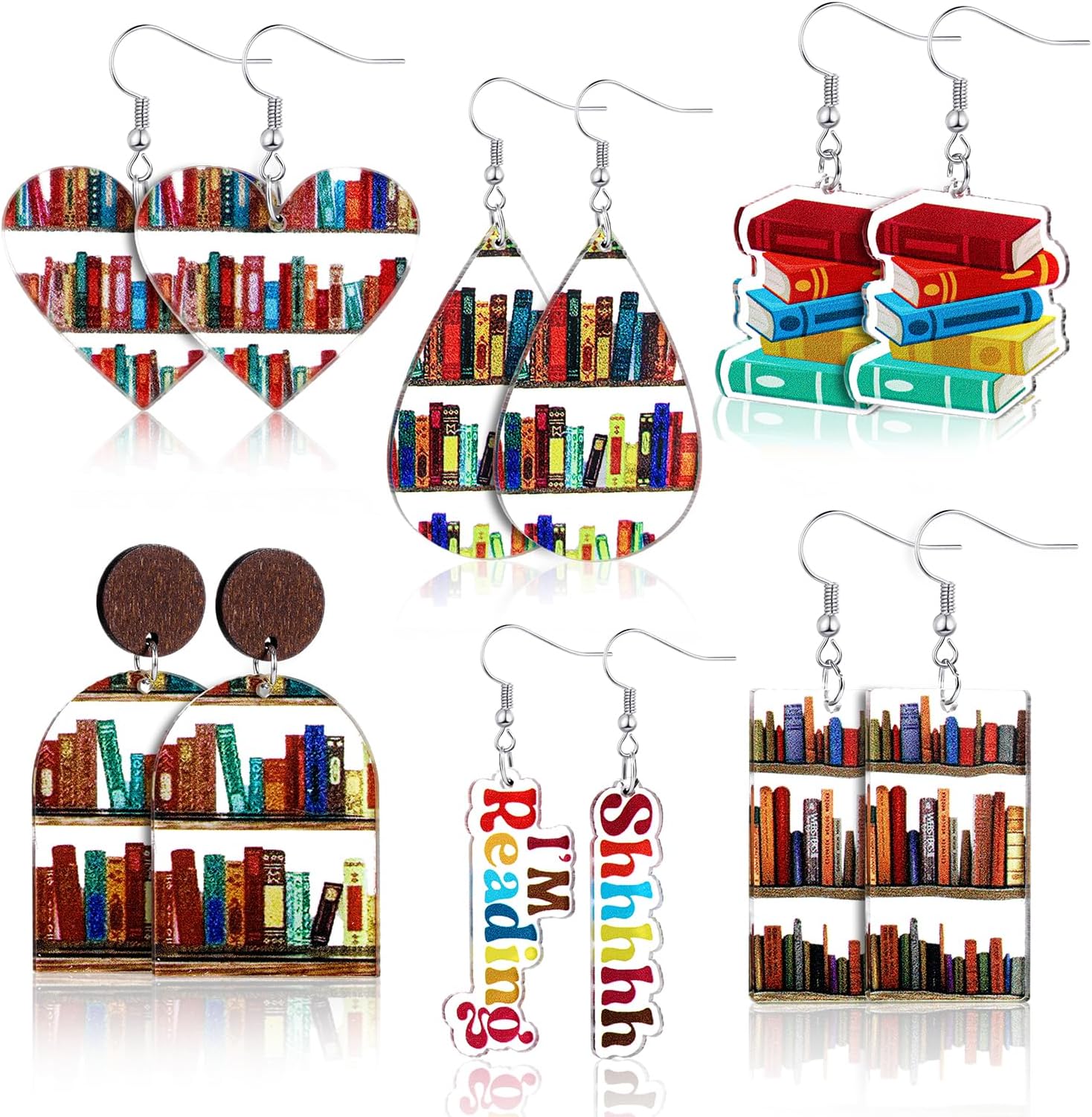 Ferreve6 Pairs Bookcase Book Earrings for Women Acrylic Teacher Accessories Library Funny Cat Earrings for Book Lovers Gifts