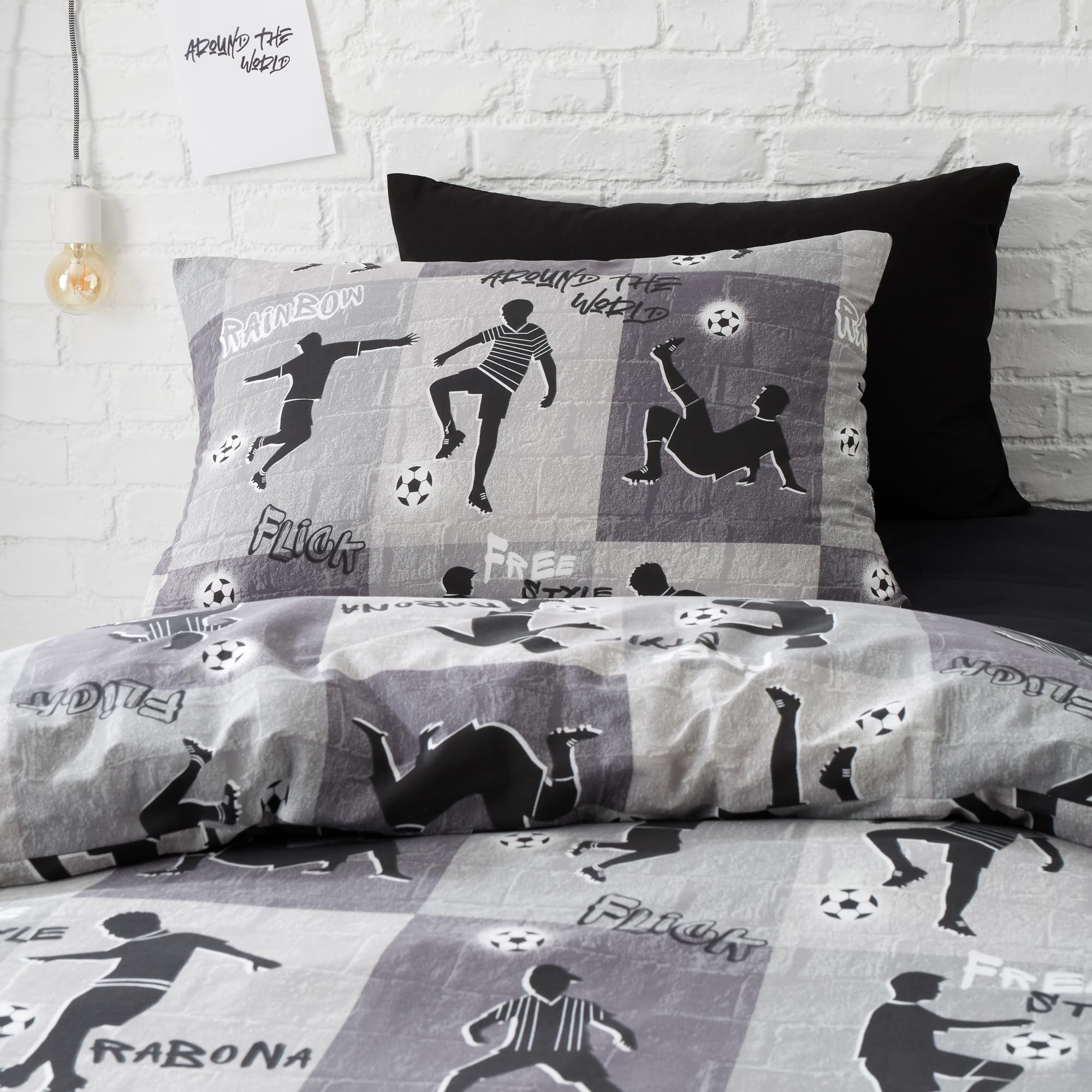 Happy Linen Company Freestyle voetballer beddengoedset, omkeerbaar, voor jongens en meisjes, grijs/antraciet