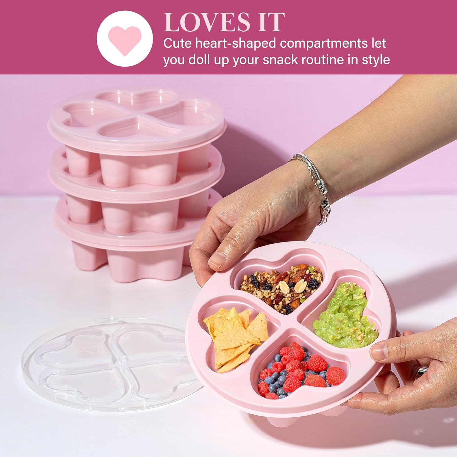 Paris Hilton Stackable Bento Snack Container Set, 4-Compartment Meal Prep Lunch Boxes with Press-Fit Lids, Microwave & Freezer Safe, 4-Pack, Pink