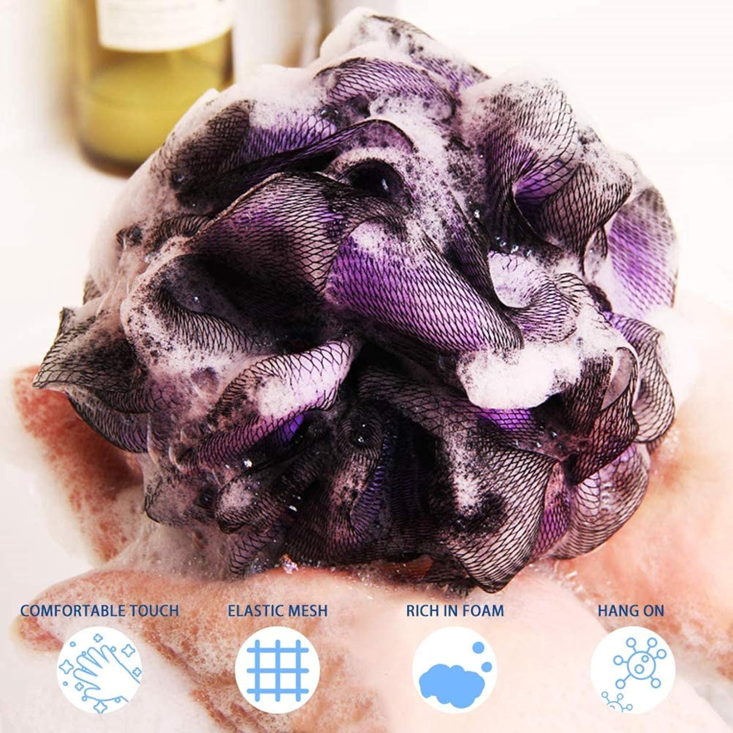 ATROPOS Loofah Bath Sponge XL, Soft Shower Bath Sponge Loofahs Balls, Extra Large Mesh Rich Lather Gentle Cleansing and Exfoliation for Smoother (2 Pcs) (Black and Purple) : Beauty & Personal Care