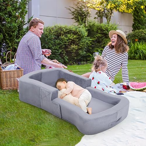 Miniatura 3 de Cama de viaje para niños pequeños, sofá plegable portátil 2 en 1, cama suave, cuna de viaje para bebés y niños con fundas lavables, parachoques