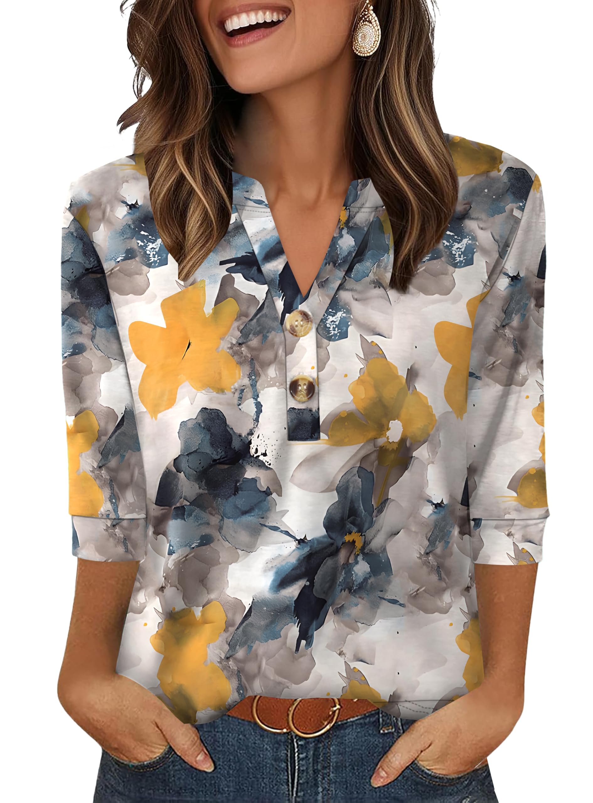 Aokosor Womens 3/4 Sleeve Tops Ladies Blouse V Neck Tunic Long Sleeve T Shirts Curved Hem Office Wear — view 11