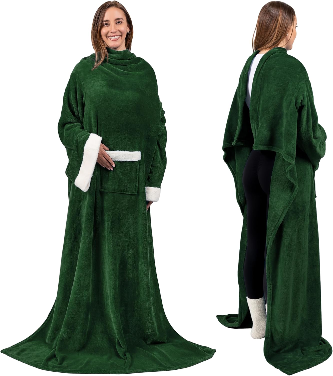 PAVILIA Fleece Blanket with Sleeves for Women Men Adults, Wearable Blanket Warm Soft Plush, Snuggle Pocket Sleeved TV Throw Wrap, Cozy White Elephant Gifts Ideas for Mom Wife, Dark Green - Image 3