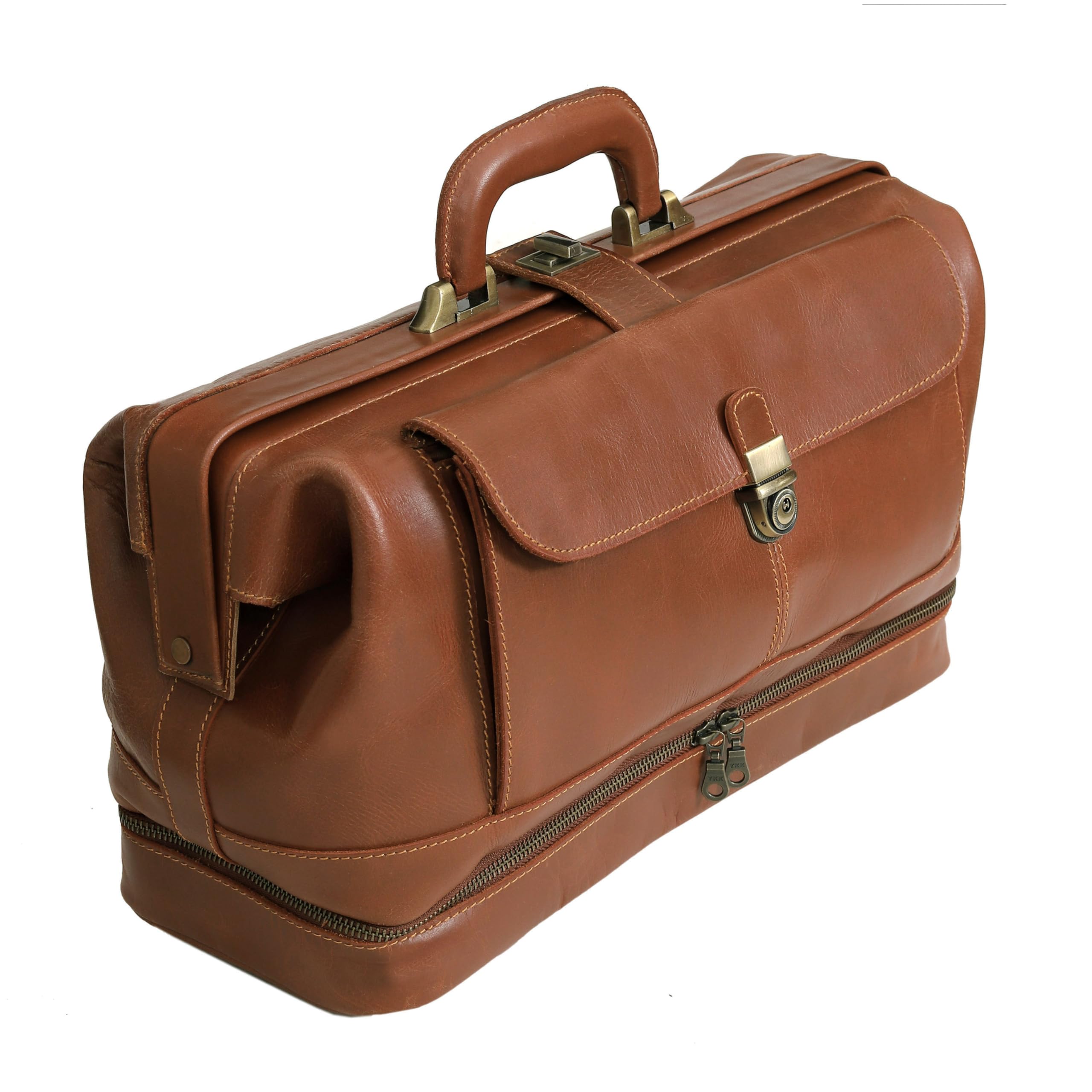 HLC Maletín de cuero vintage para médicos, bolso de mano, de piel auténtica, hecho a mano, italiano, Beige Bronceado, 16 x 7 x 11.5 inches