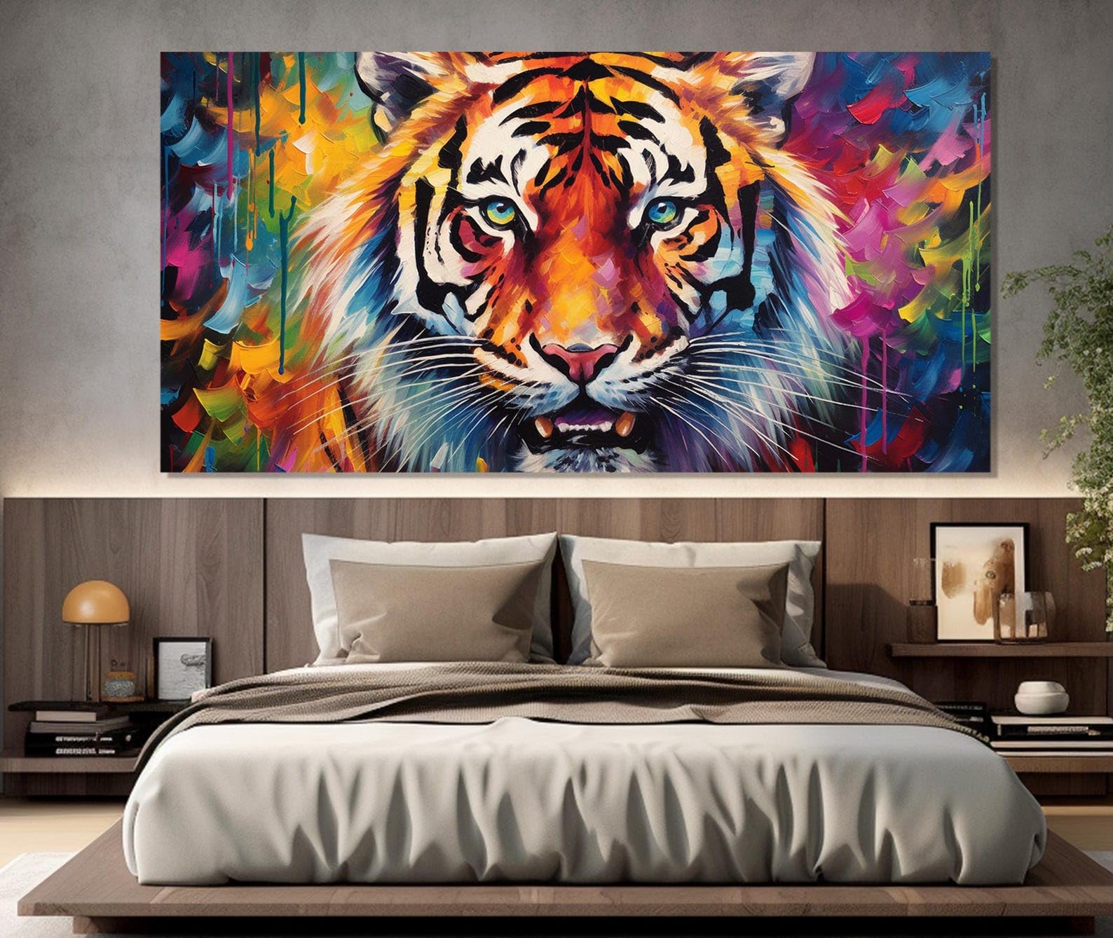 LMYCHENG Kolorowy tygrys obraz zwierząt pop art druk na płótnie sztuka ścienna tygrys abstrakcyjny plakat do salonu dekoracja domu (55 x 110 cm/rama wewnętrzna)