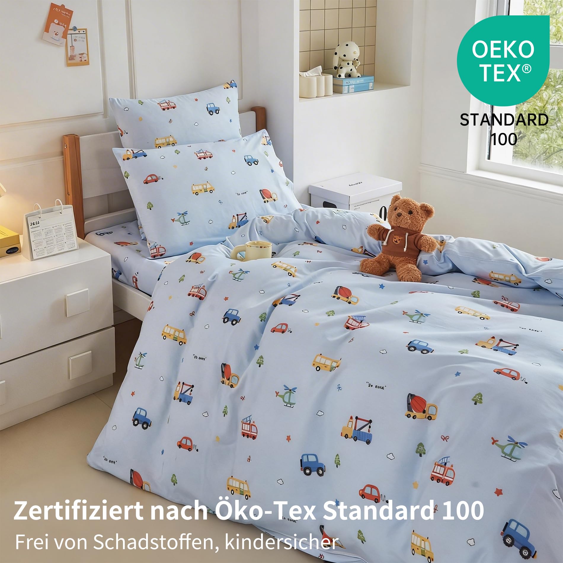 Baumwolle Bettwäsche 135x200 Kinder Auto Motiv Blau Bettwäsche Kinder 135x200 Jungen Weiche Bettbezug Set 2teilig für Jugendliche Jungen Geschenk mit Reißverschluss und 80x80 cm Kissenbezug