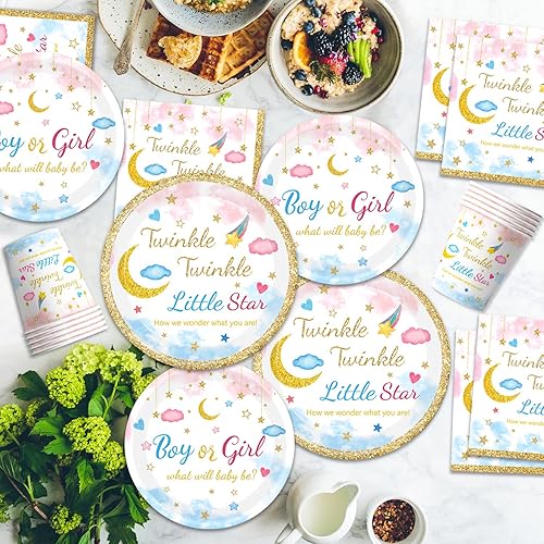 Miniatura 3 de Juego de vajilla de 96 piezas Twinkle Twinkle Twinkle Little Star para revelación de género, platos de baby shower, servilletas, tenedores, vajilla