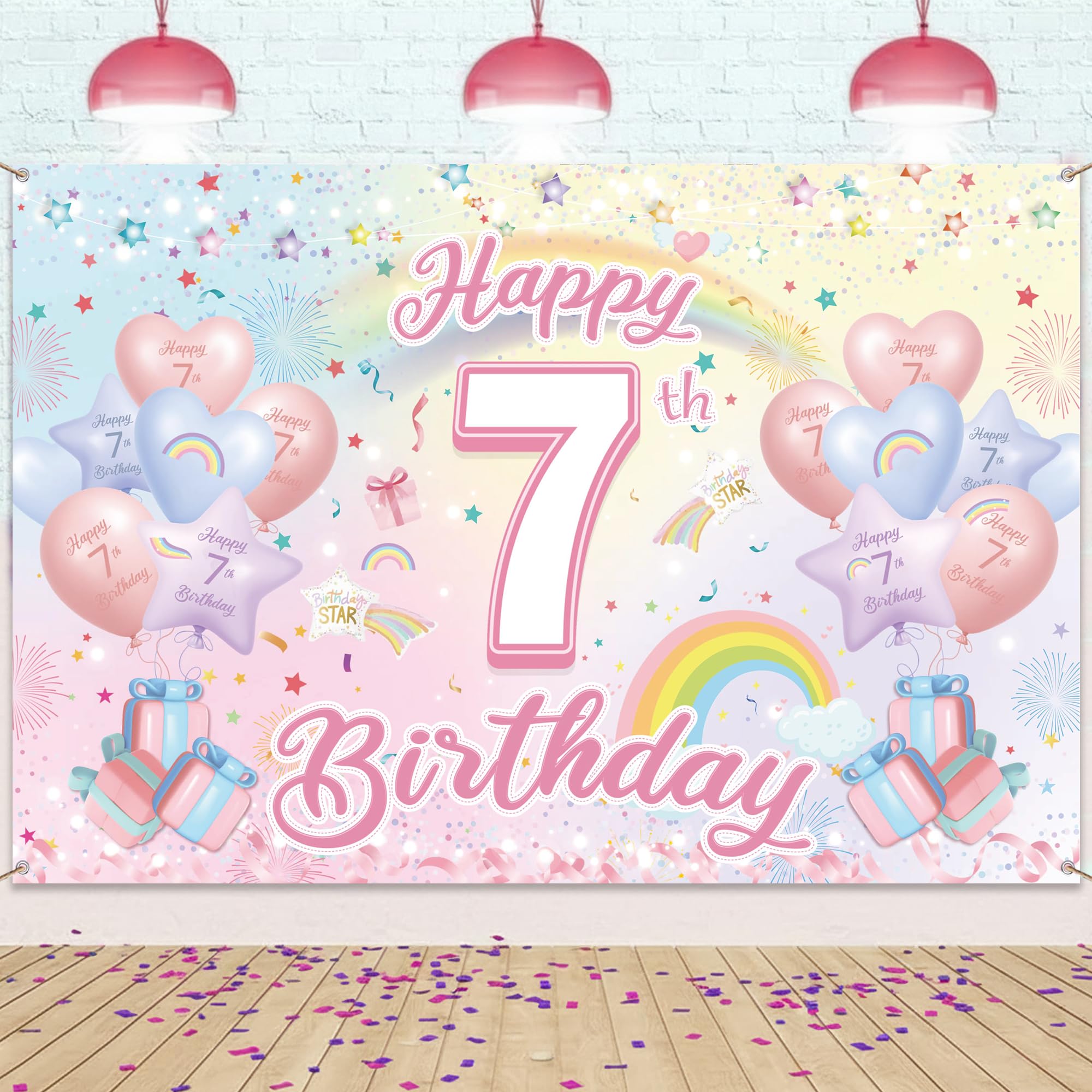 Happy 7th Birthday Banner, Rainbow Backdrop Decorations for Girls Boys
