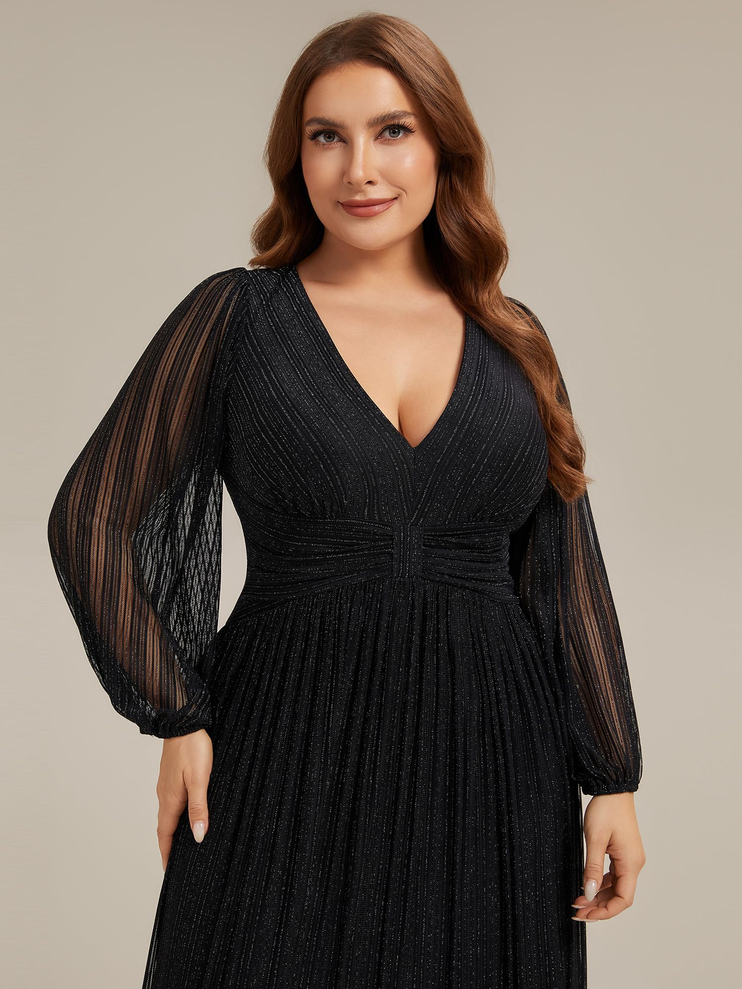 Ever-Pretty Donne Glitter Maniche Lunghe Scollo a V Pieghe Impero Vita Lunghezza Pavimento Plus Size Abito da ballo Abiti Formali 01961-DA, nero, 62