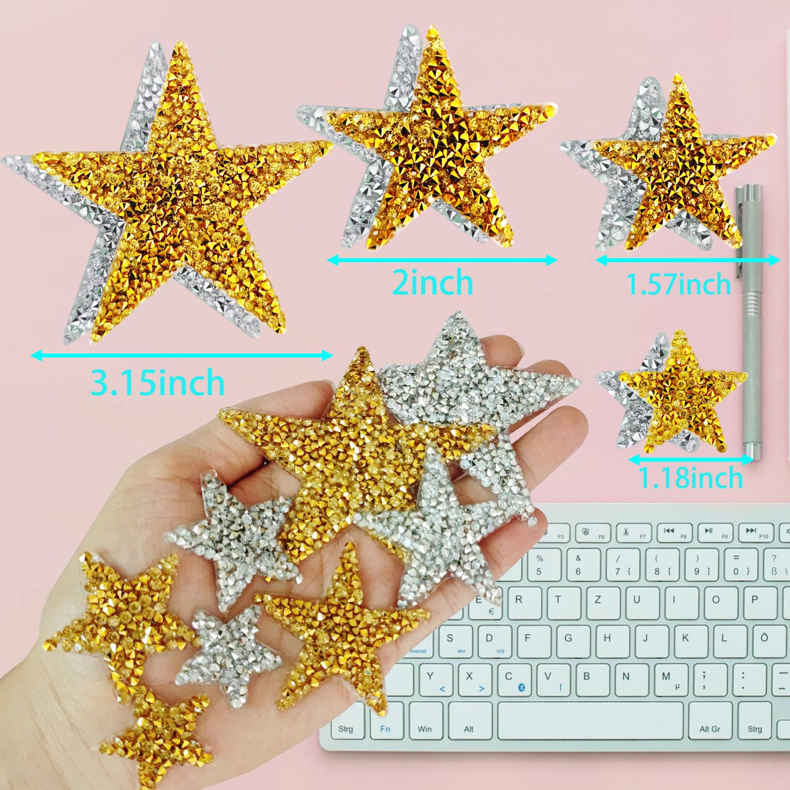 16 parches de estrellas de diamantes de imitación para ropa, parches de estrella para planchar en oro, plata, parches de estrella con purpurina para reparación de ropa, decoración, manualidades (4