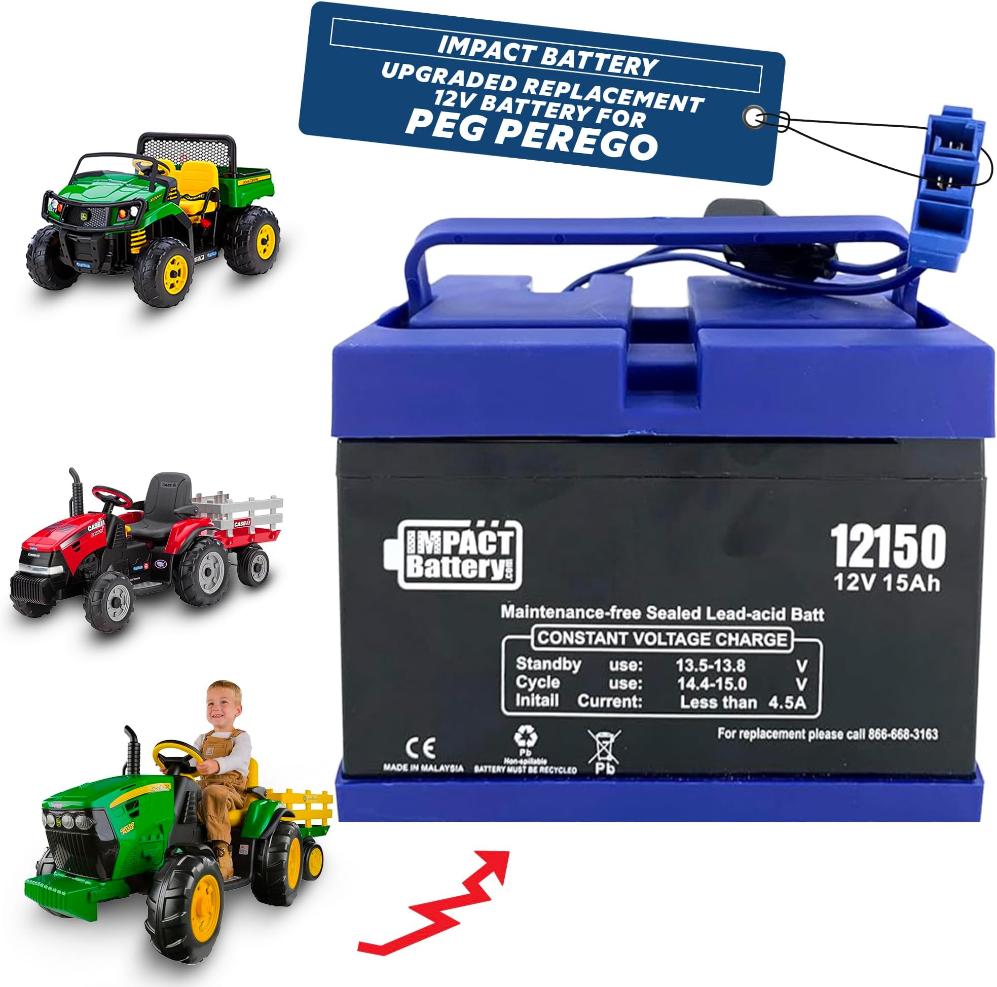 12-Volt Upgraded Replacement for Peg Perego John Deere Gator | 12Ah Rechargeable Kids Ride on Tractor Toys Power Cell | Electric Car Power Wheels Extended Run Time 12V 15Amp Kit