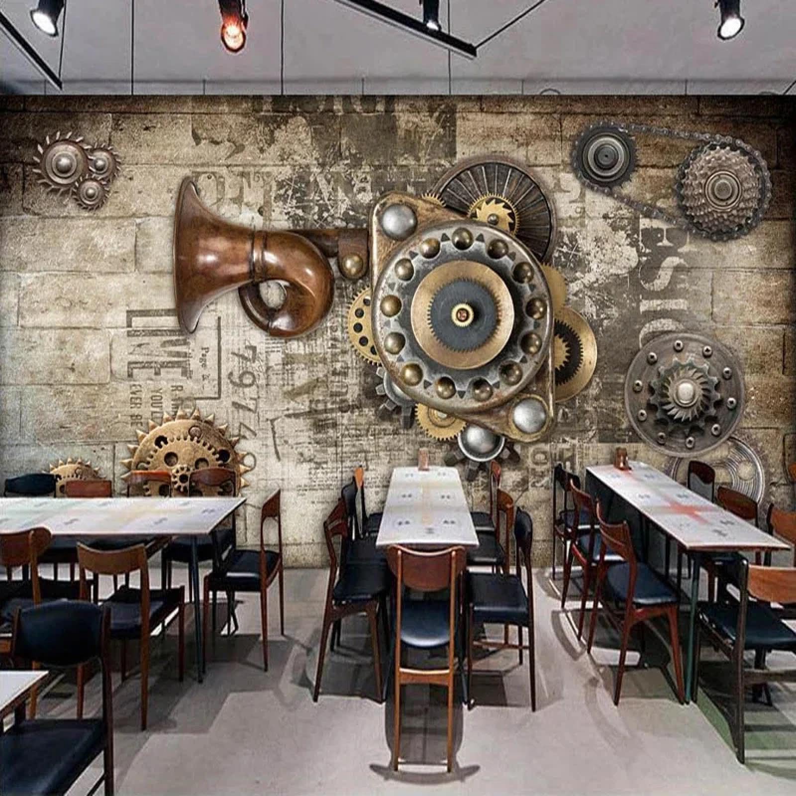 Papier peint briques 3D engrenages pour mur de bar et restaurant
