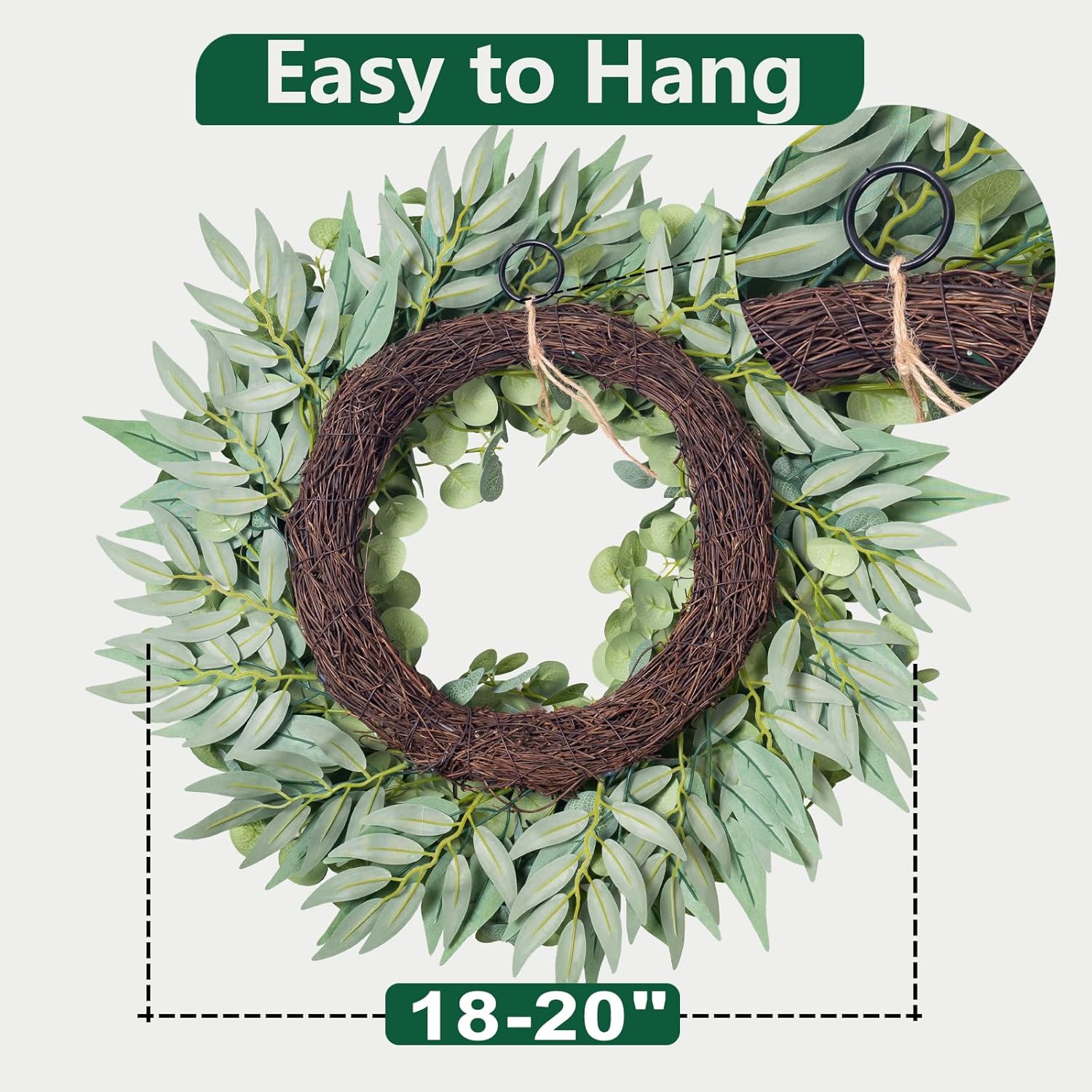 20" Eucalyptus Wreaths for Front Door Wall Porch, Silk Eucalyptus Spring Summer Wreath for Farmhouse Decor, Artificial Minimalist Greenery for All-Seasons