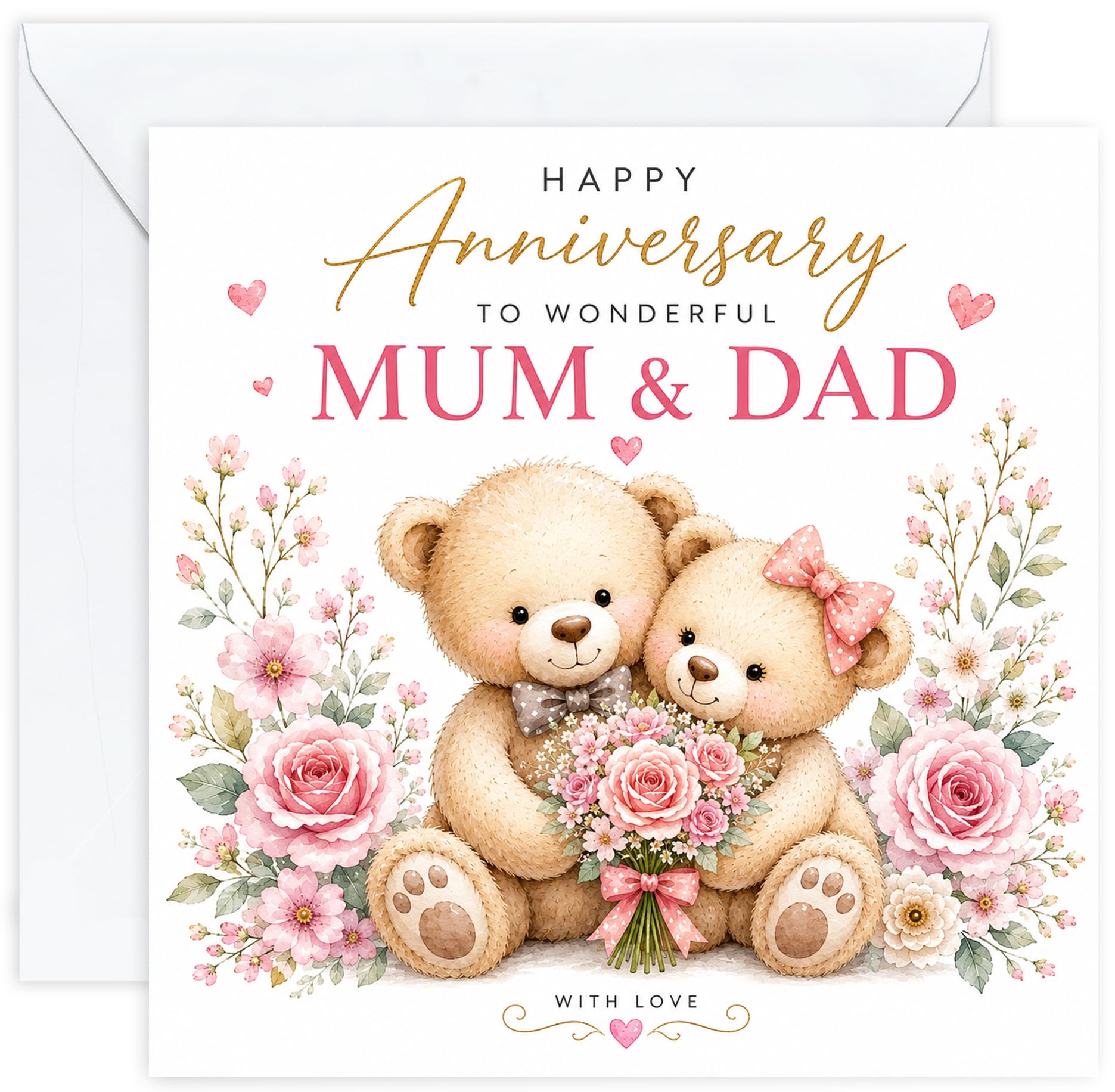 Anniversary Card for Mum and Dad | Cute Teddy Bear Wedding Anniversary Card for Parents | Happy Anniversary Mum & Dad Card with Optional Printed Inside Message (Design 01)