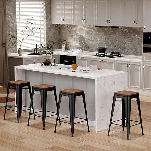 Miniatura 24 de Changjie Furniture Juego de 4 taburetes de bar con asiento de madera, taburetes de bar sin espalda, taburetes de bar industriales de altura de