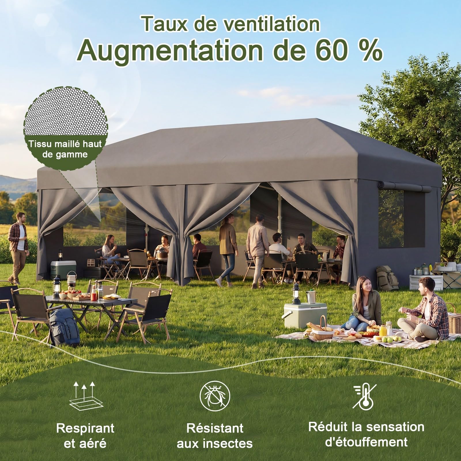 Devoko Tonnelle Pliante avec Fenêtre Moustiquaire Aérée, Tonnelle 3x6 Imperméable Stable, Tonnelle Pop Up avec Parois Latérales, Protection UV 50+, Tente de Fête pour Jardins, Camping (Gris)