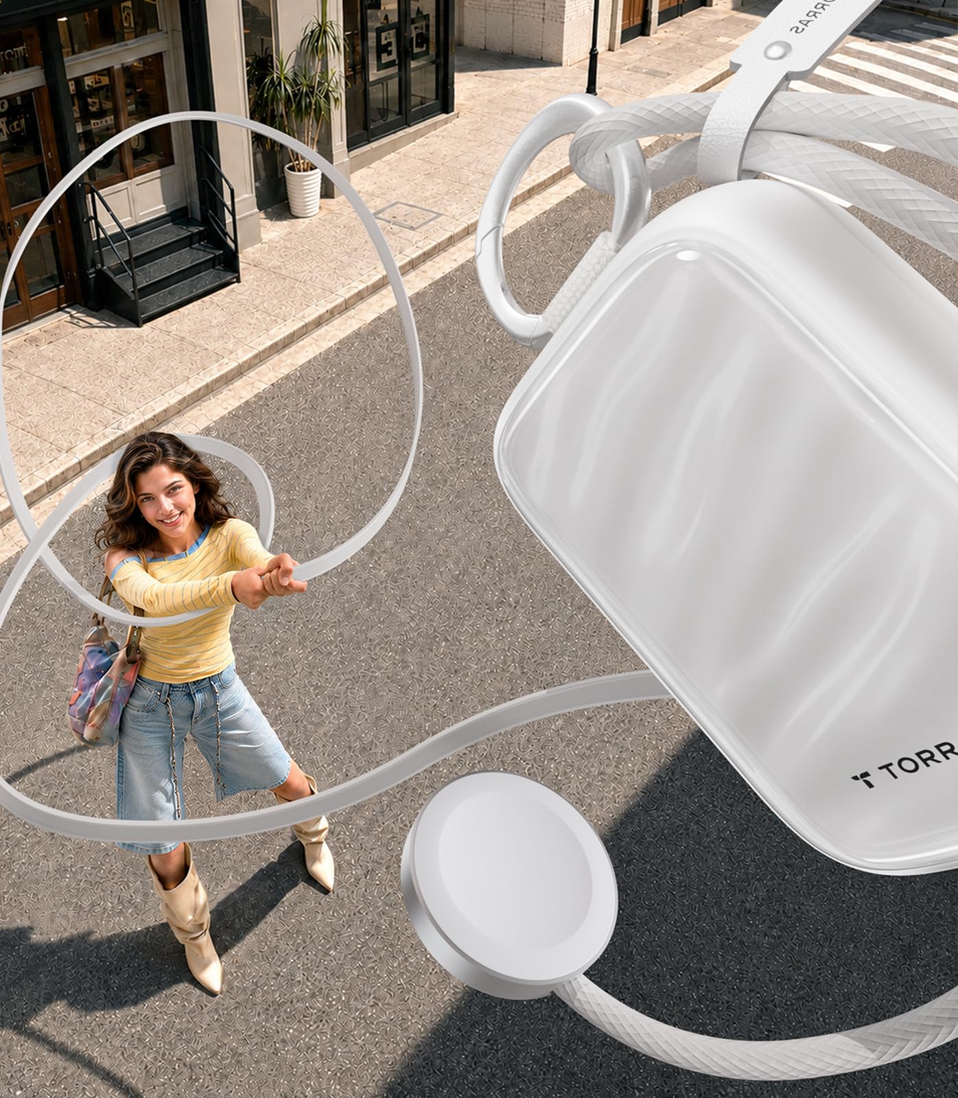 TORRAS PearlGo Powerbank 10000mAh, Kleine Powerbank mit Kabel, Perlweiß | 45W Schnellladen, 70 cm USB-C Einziehkabel mit Karabiner, für iPhone und Apple Watch, ideal für Reisen, Pendeln und Shopping