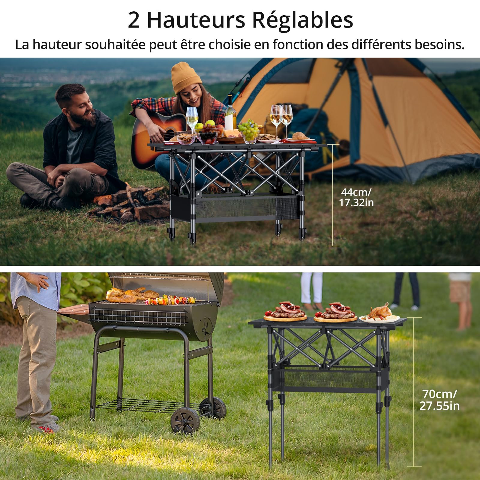 Anbte Table de Camping 64 cm Pliable, 2 Hauteurs Réglables, Aluminium avec Panier de Rangement et Sac, Étanche, Légère 64 x 40 cm, pour Barbecue, Pique-Nique, Voyage Extérieur, Noire