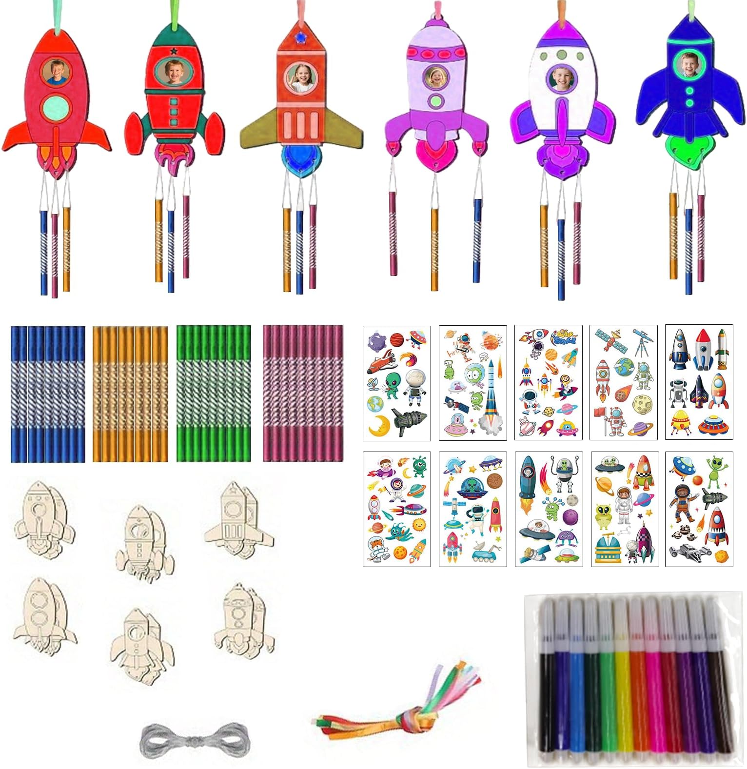 Tgsedr Pack of 12 Wooden Wind Chime Craft Set Rockets Wind Chime Craft Set Children Children's Birthday Crafts DIY Party Decoration Wooden Craft Sets Decoration for Boys Girls