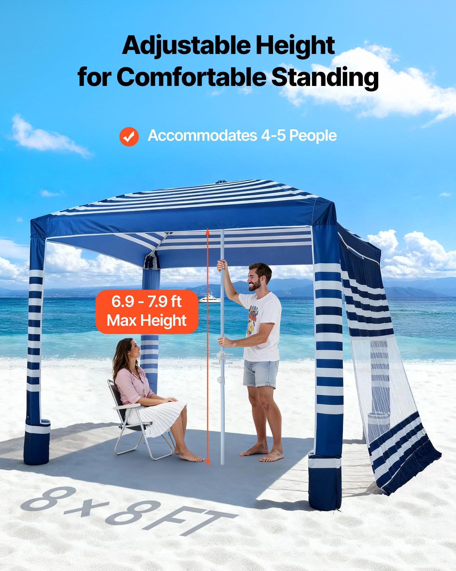 VEVOR Tenda da Spiaggia per Esterno 2438 x 2438 mm con Parete Laterale, Facile da Montare con Tasche per la Sabbia, Ombrellone Parasole Portatile Regolabile in Altezza, Striato Blu Scuro e Bianco