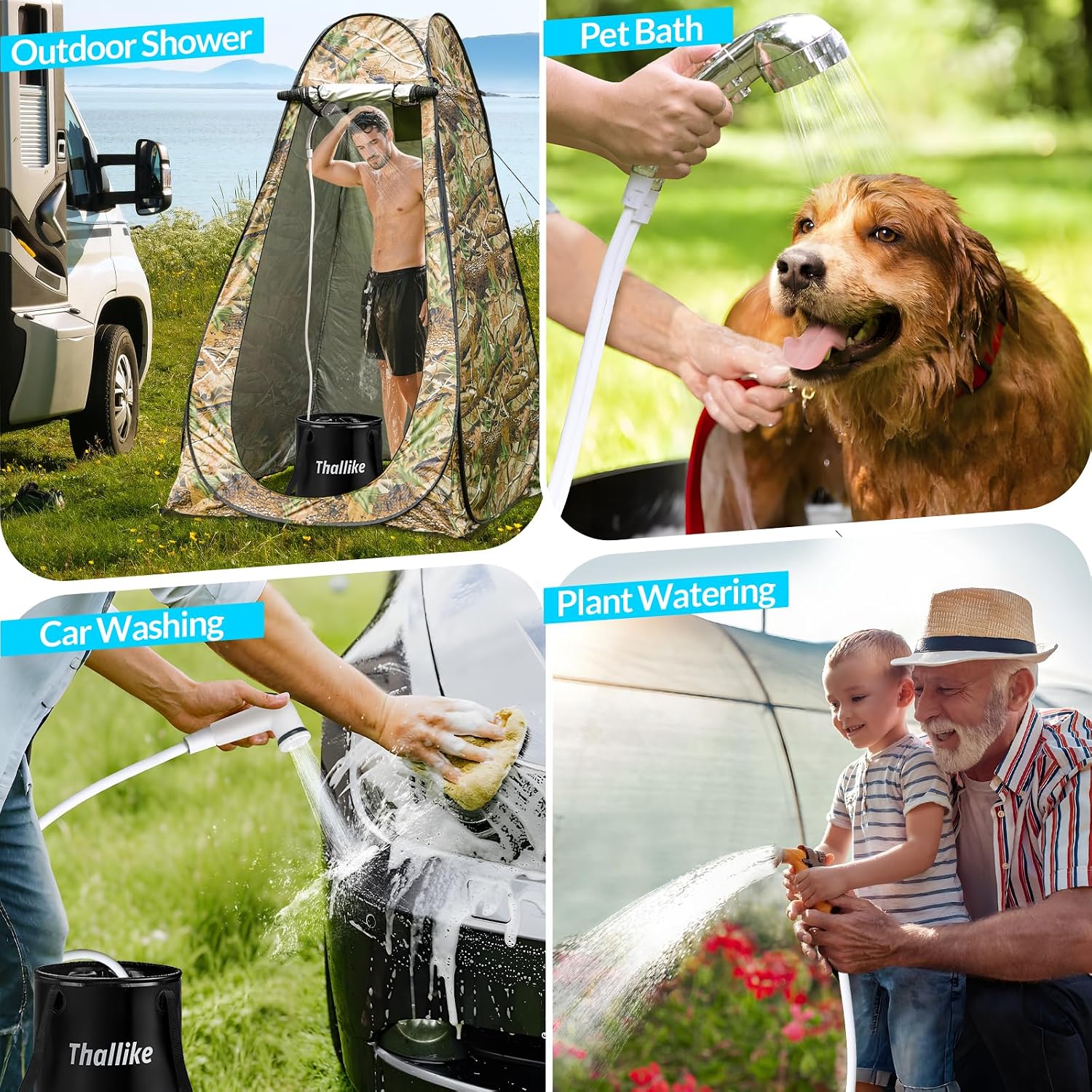 Portable Camping Shower, Pop Up Shower Privacy Tent Kit with LED Lights, 4500mAh Rechargeable Shower Pump, Filtered Shower Head & 7.4 Gallons Foldable Bucket, Outdoor Shower for Hiking Beach, Travel