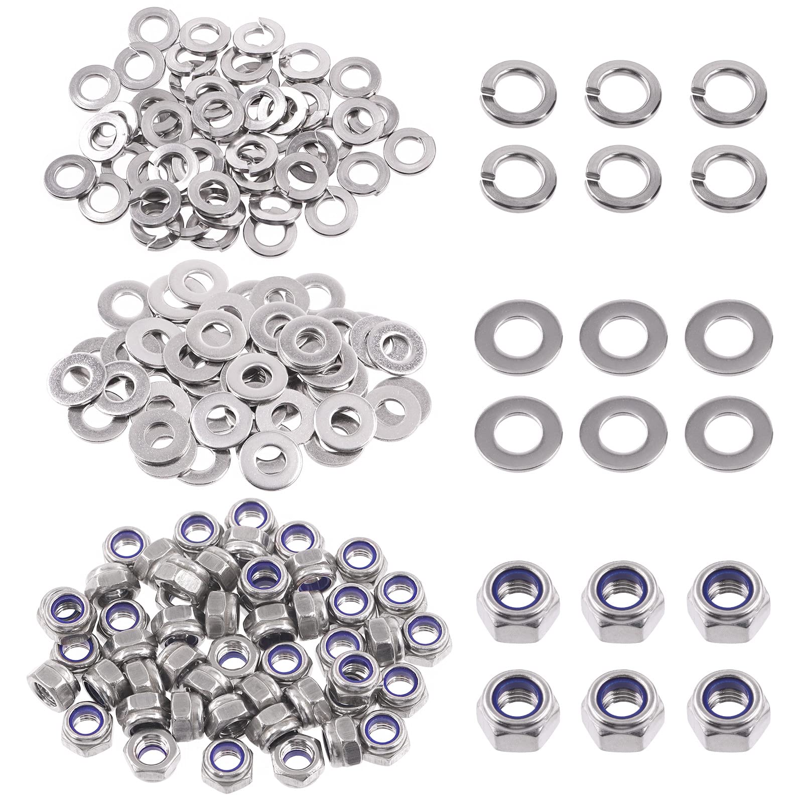 Swpeet 150Pcs Metric 304 Stainless Steel M5 Hex Lock Nuts and M5 Flat Washers with M5 Split Lock Washers Assortment Kit, Hex Lock Nut for Home Automotive Shop Use
