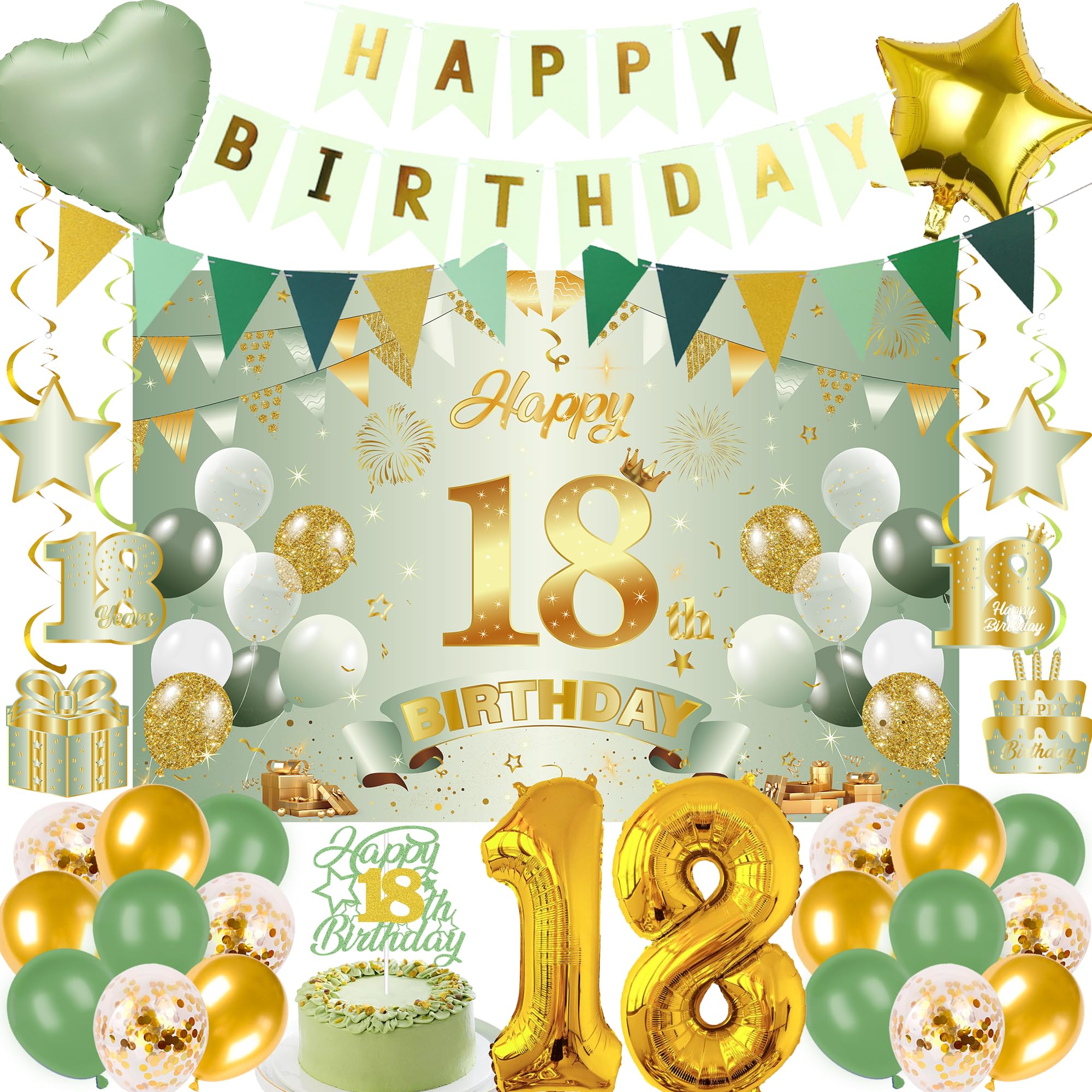 18th Birthday Decorations Girls Boys - 32 Pcs Sage Green Gold Banner Pennant Backdrop Hanging Swirls Balloons Cake Topper Table Decor For Her Him 18 Year Old Welcome to Adulting Party Supplies