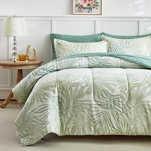 AIKASY Juego de edredón azul y verde Queen con sábanas, cama en una bolsa, 7 piezas, diseño de impresión de tótem de palmera, juego de ropa de cama