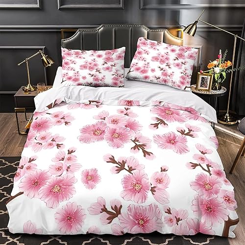 Miniatura 3 de Juego de funda de edredón rosa pálido, rama de Sakura con flores de cerezo tiernas primavera japonesa, juego de ropa de cama decorativo de 3 piezas