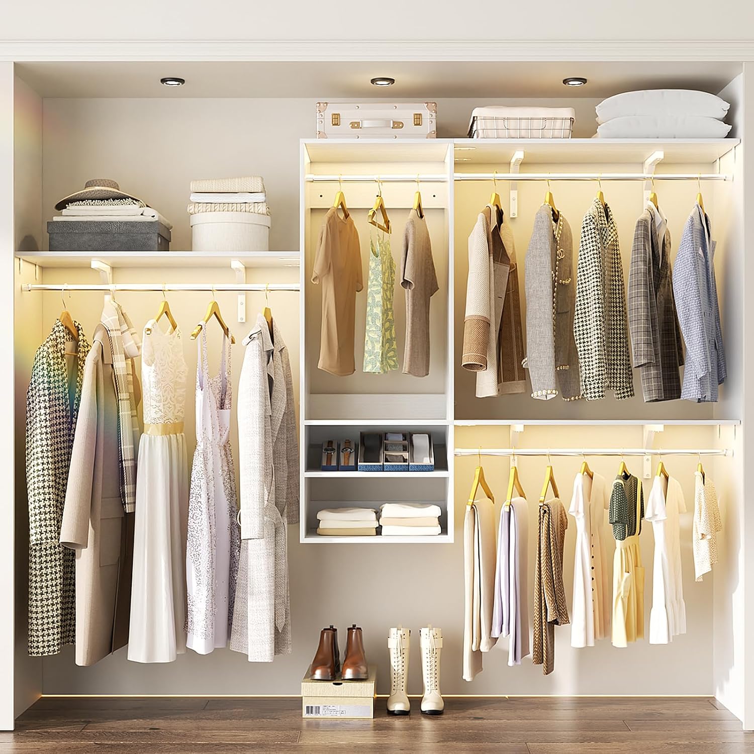 Besiost 96 Inch Hanging Closet System, 8 FT Closet Organizer System with Hanging Rod, Walk In Mounted Closet System, Built-In Clothes Garment Rack with 3 Shelving Towers(Can Be Cut To Fit), White