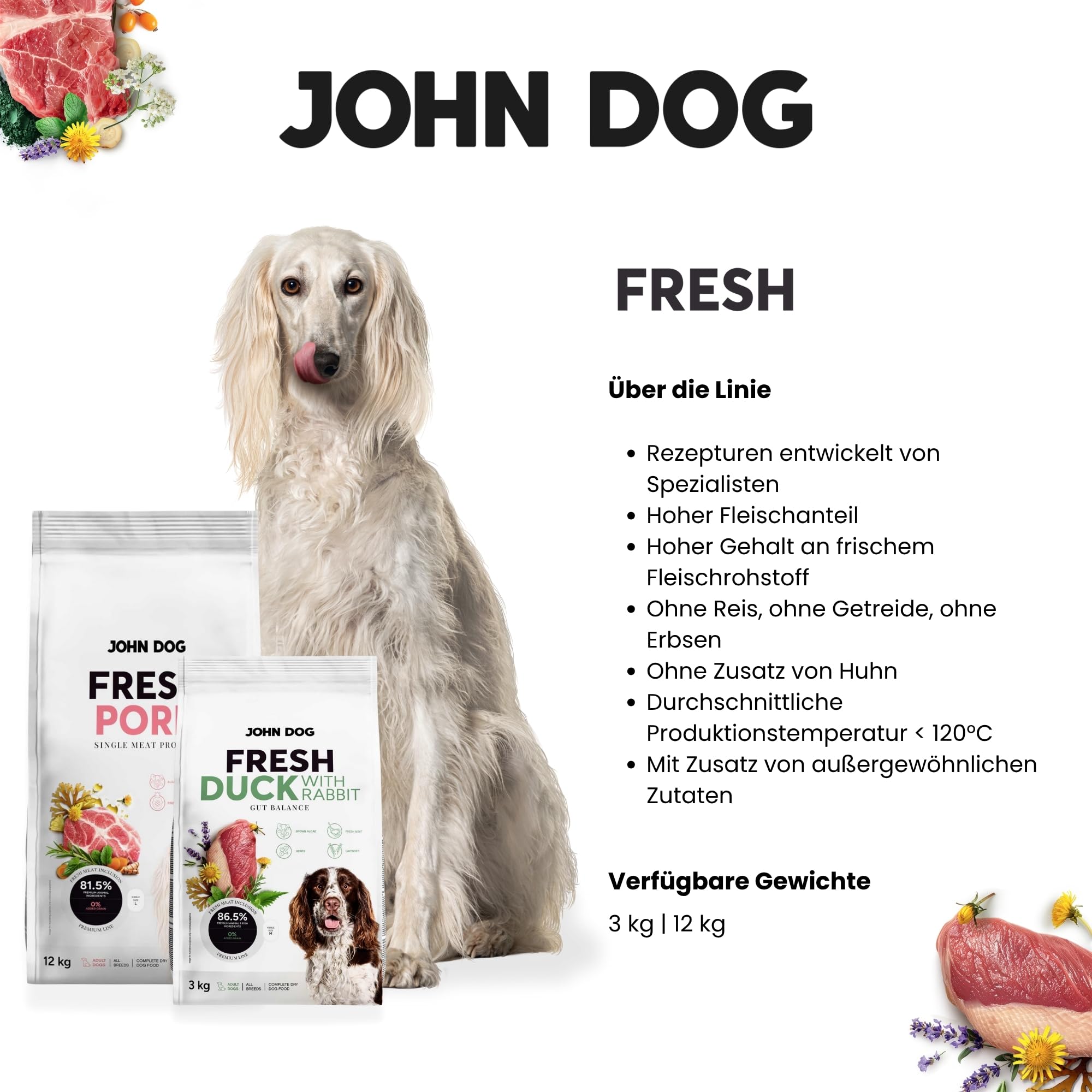 JOHN DOG Premium Trockenfutter für Hunde Fresh - Hundefutter trocken getreidefrei mit 86% Fleischanteil - Hundetrockenfutter mit Ente & Kaninchen - natürliche Zutaten - für ausgewachsene Hunde 12kg