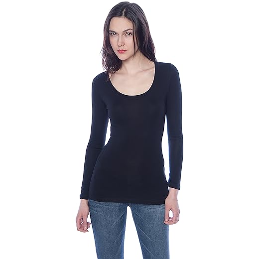 Basic Long Sleeve Solid Top Tee Shirt Stretch Tight Fit Scoop Neck Junior Women, Black, Medium