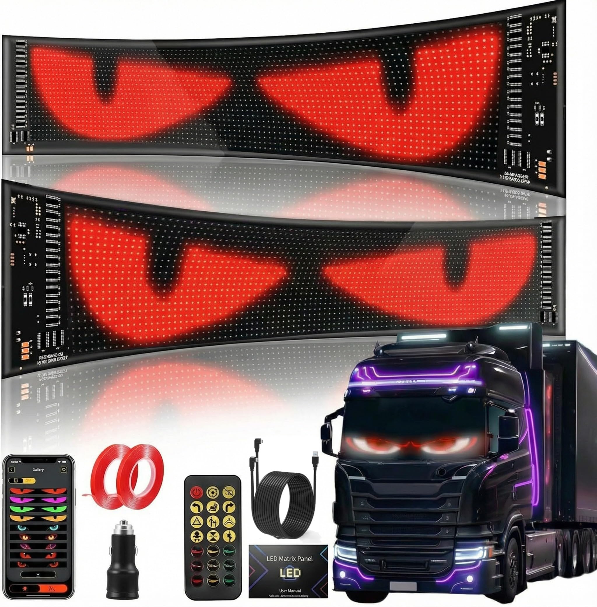 SOONHUA 2 Luces de Ojos diablos para Coche (120 mm x 595 mm) Pantalla LED, programable, Personalizable, Control Mediante aplicación Bluetooth, DIY diseño de animación