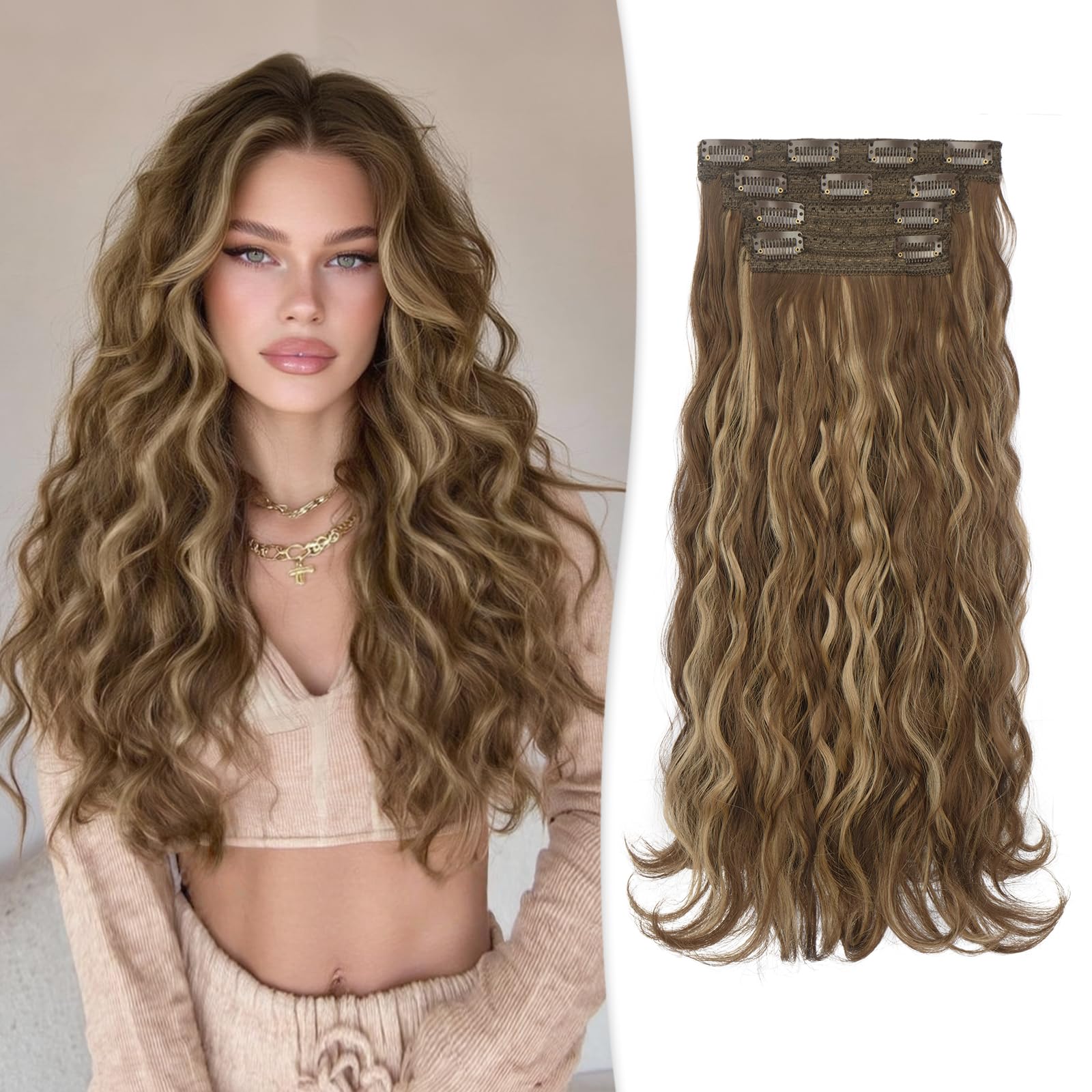 RUWISS Extension Cheveux Naturel Clip, 45 cm Longue Ondulées Extension Cheveux 4PCs Bouclés Synthétique Extensions Cheveux Naturels à Clips pour Femme (Brun mélangé Blond Miel)