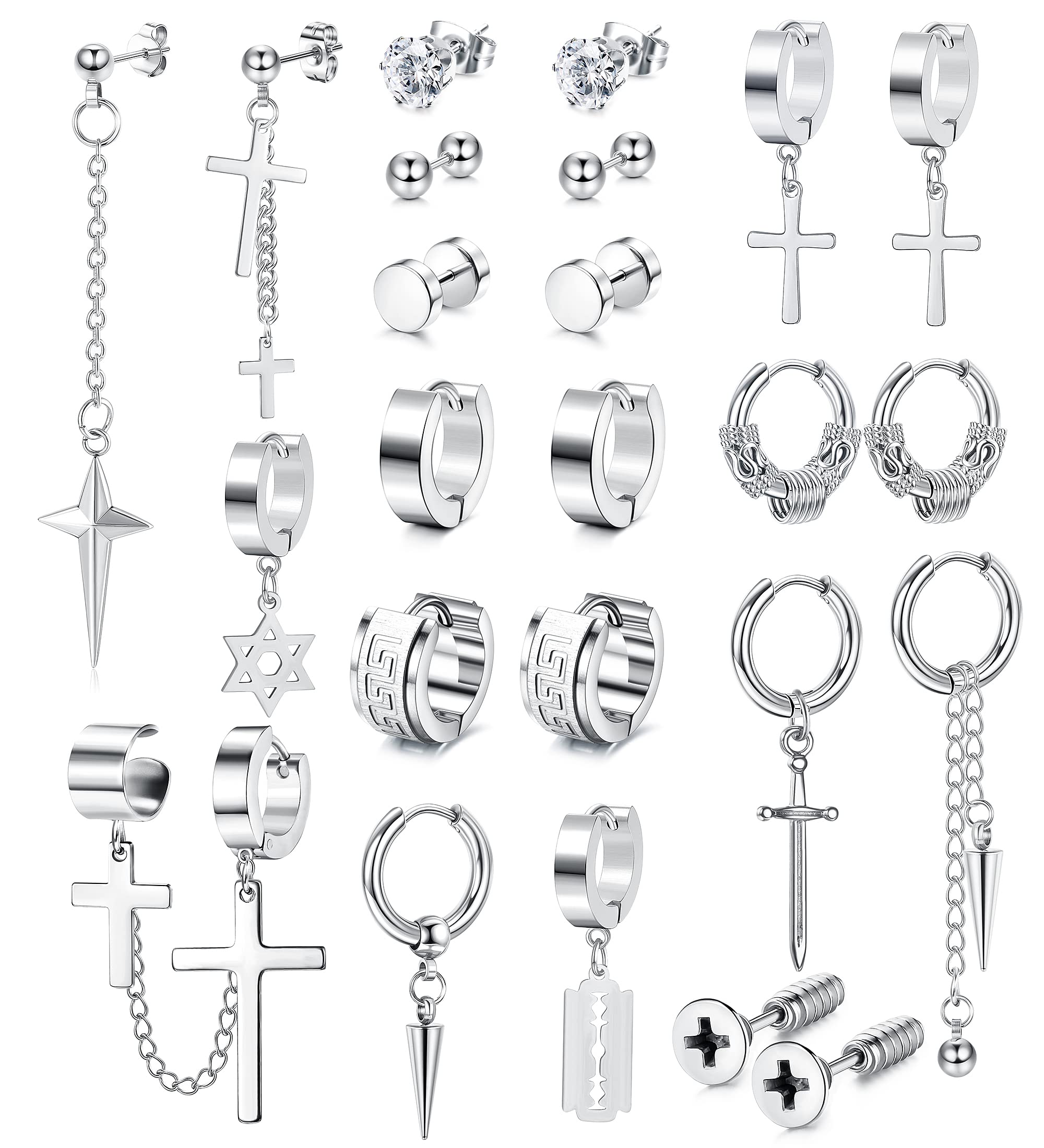 Adramata 12 Paia Orecchini Uomo Set di Orecchini a Cerchio in Acciaio Inossidabile Orecchini a Punta Orecchini Croce Pendenti Orecchini Punk Orecchini Argento Nero Orecchini per Uomo Donna