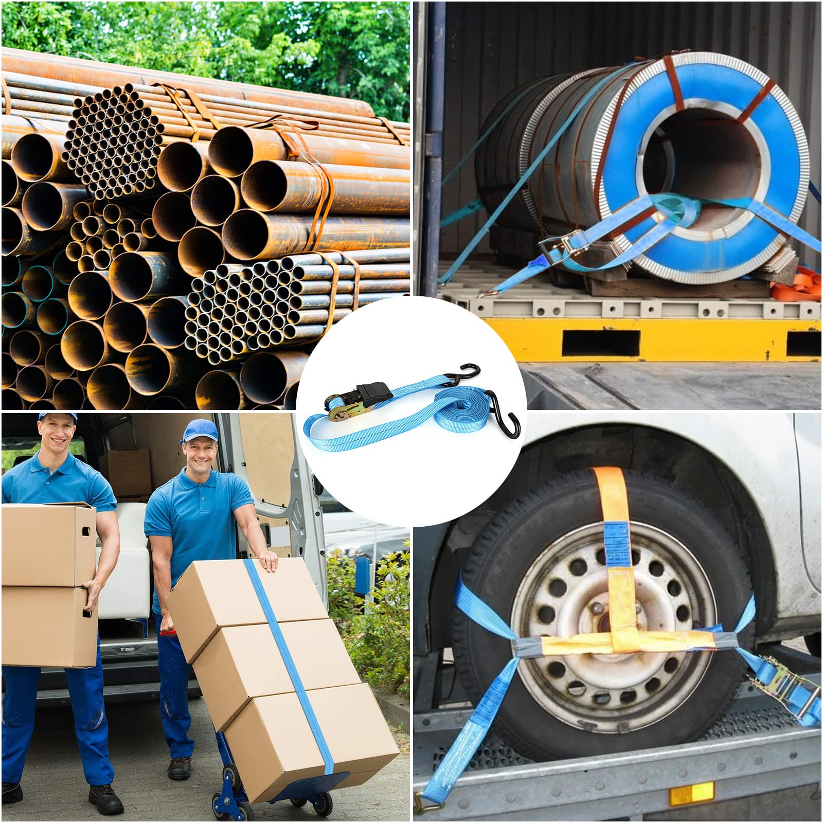Cinghie a cricchetto, confezione da 6 cinghie di ancoraggio a cricchetto da 20 piedi, 1600 libbre, cinghie di ancoraggio a cricchetto con blocco di sicurezza a S ganci e manico in gomma per spostare