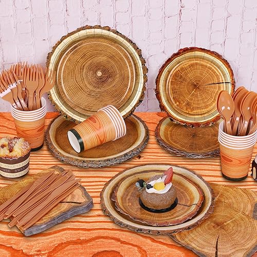 Miniatura 4 de durony 129 piezas de suministros para fiesta de cumpleaños de campamento, caza, fiesta, mantel, vaso, servilletas, rebanadas de madera, decoración