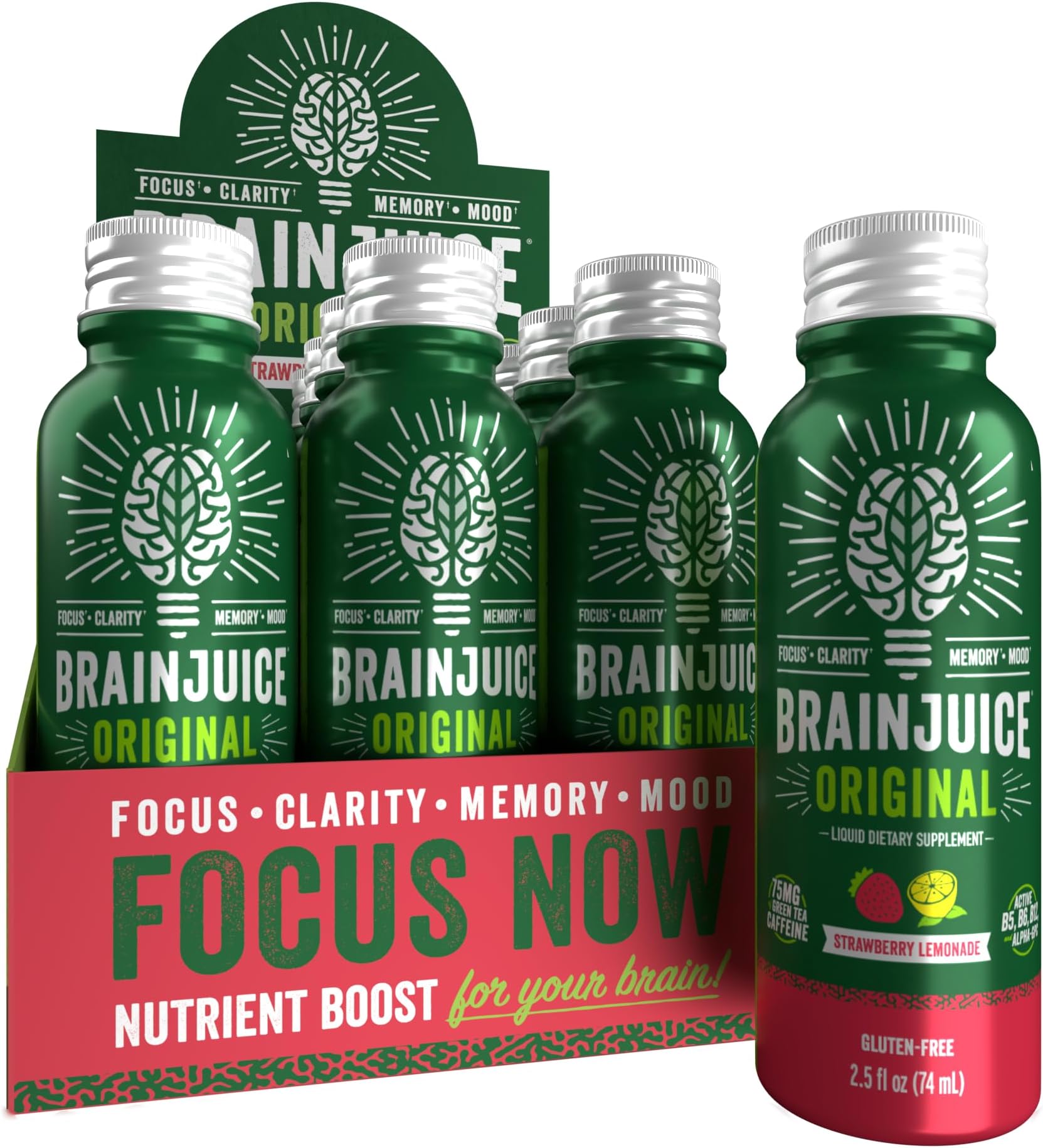BrainJuice Brain Support Shot, Gluten Free Supplement Shots for Energy & Focus, Healthy Drinks with Alpha GPC, Vitamin B, 2.5 fl oz, 12 Pack (Strawberry Lemonade)
