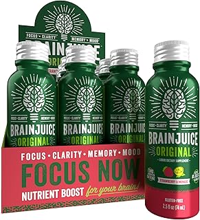 BrainJuice Energy & Focus Shot, Gluten Free Supplement, Healthy Drinks with Alpha GPC, Vitamin B & Organic Green Tea Extract Caffeine, Strawberry Lemonade, 2.5 fl oz, 12 Pack