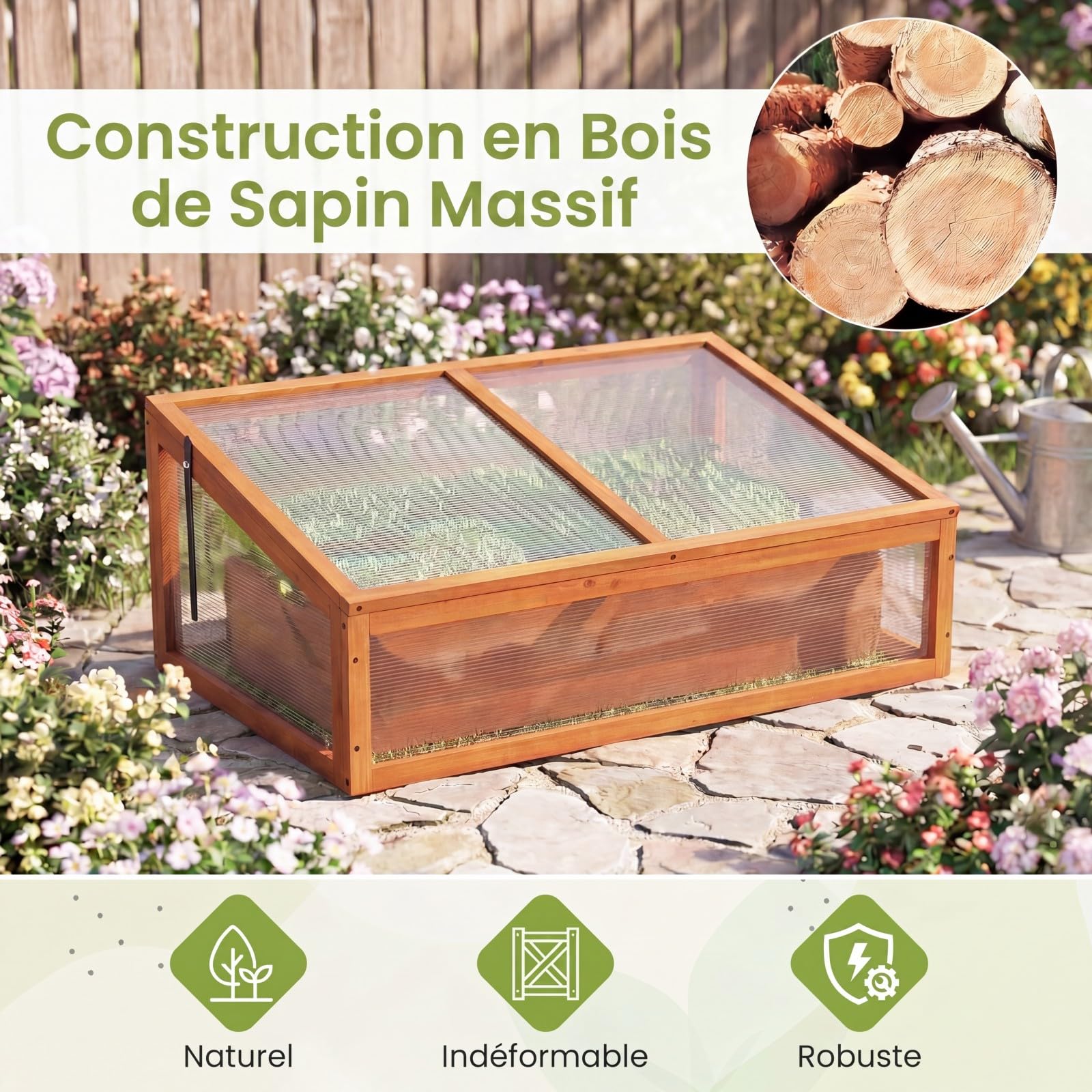 GYMAX Serre de Jardin en Bois, 94 x 63 x 40 cm, Jardinière de Culture de Plantes avec Panneaux Transparents, Toit Rabattable, Protection Hivernale Intérieure et Extérieure pour Balcon (Orange)