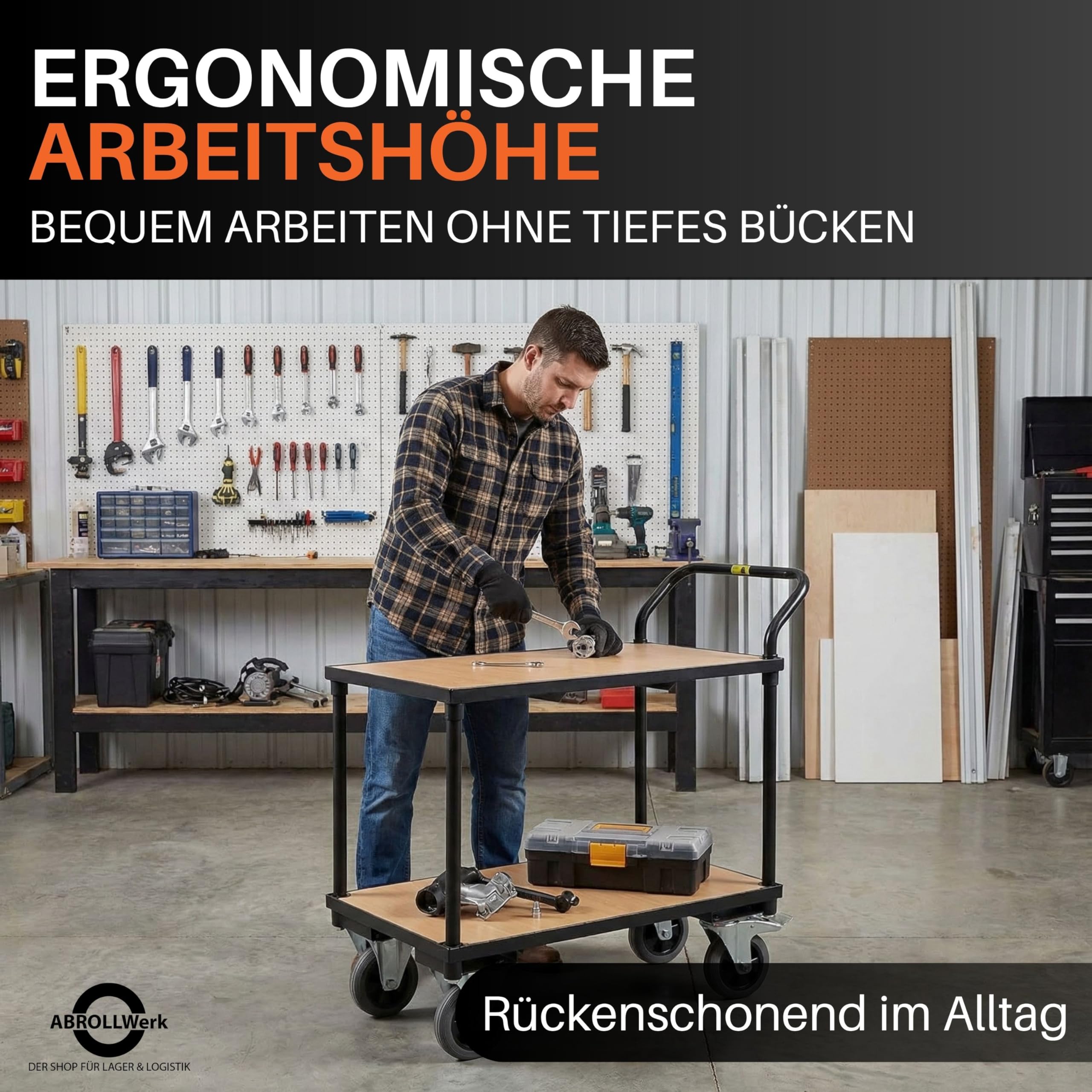 Etagenwagen schwarz 400 kg Traglast – Rollwagen mit 2 Ebenen & Vollgummireifen – Plattformwagen Stahl 95x50x97 cm – Robuster Werkstattwagen Kommissionierwagen Tischwagen (1, schwarz)