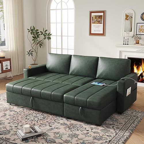 89 inch L-Shaped Sectional Sofa Sleeper with Storage Space & Side Pocket, Anti-Scratch Faux Leather Couch Bed with USB Port & Cup Holder, Modern Piano Design Pull Out Bed for Living Room