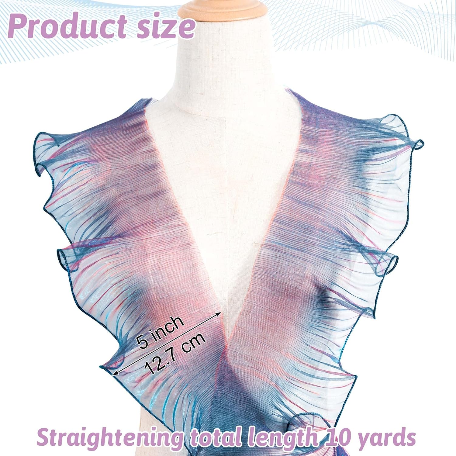 OIIKI Ruffled Lace Trims 10 Yards, Pleated Lace Fabric Trim, Organza Ruffled Fabric Tulle Ruffle Lace Border for Sewing Decoration Gradient Blue