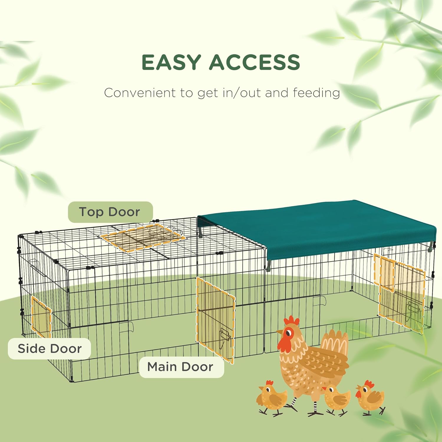 PawHut Metal Chicken Coop, 73" x 30" x 20" Chicken Run Pen for Yard with Cover, Portable Catio Poultry Cage Indoor Outdoor Backyard, Cat Cage for Rabbit, Duck, Hen, Small Animal, Chinchillas, Green