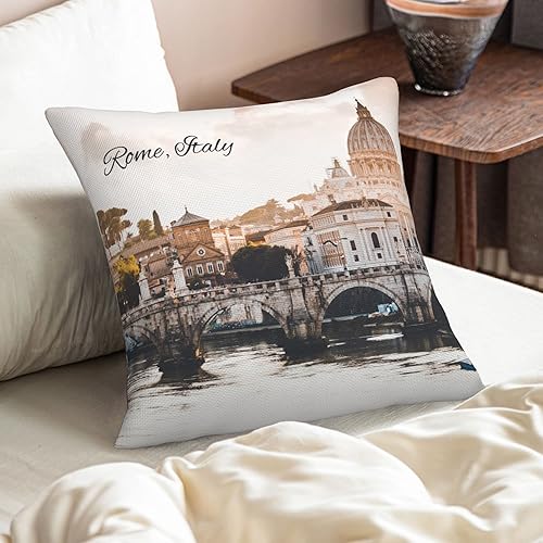 Miniatura 7 de Rome Italy - Funda de almohada decorativa moderna de 18 x 18 pulgadas, diseño de paisaje con cúpula marrón, edificios de hormigón cerca del puente,