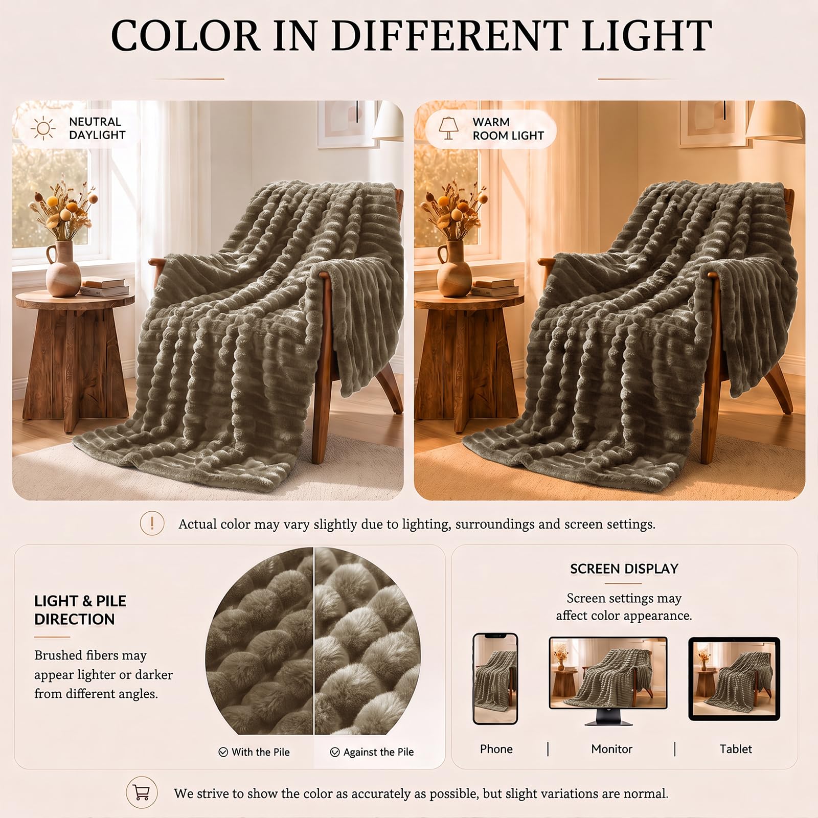 HIMEET Camel King Size Blanket for Bed, 300GSM Ribbed Fleece, 108 x 90 in view 6