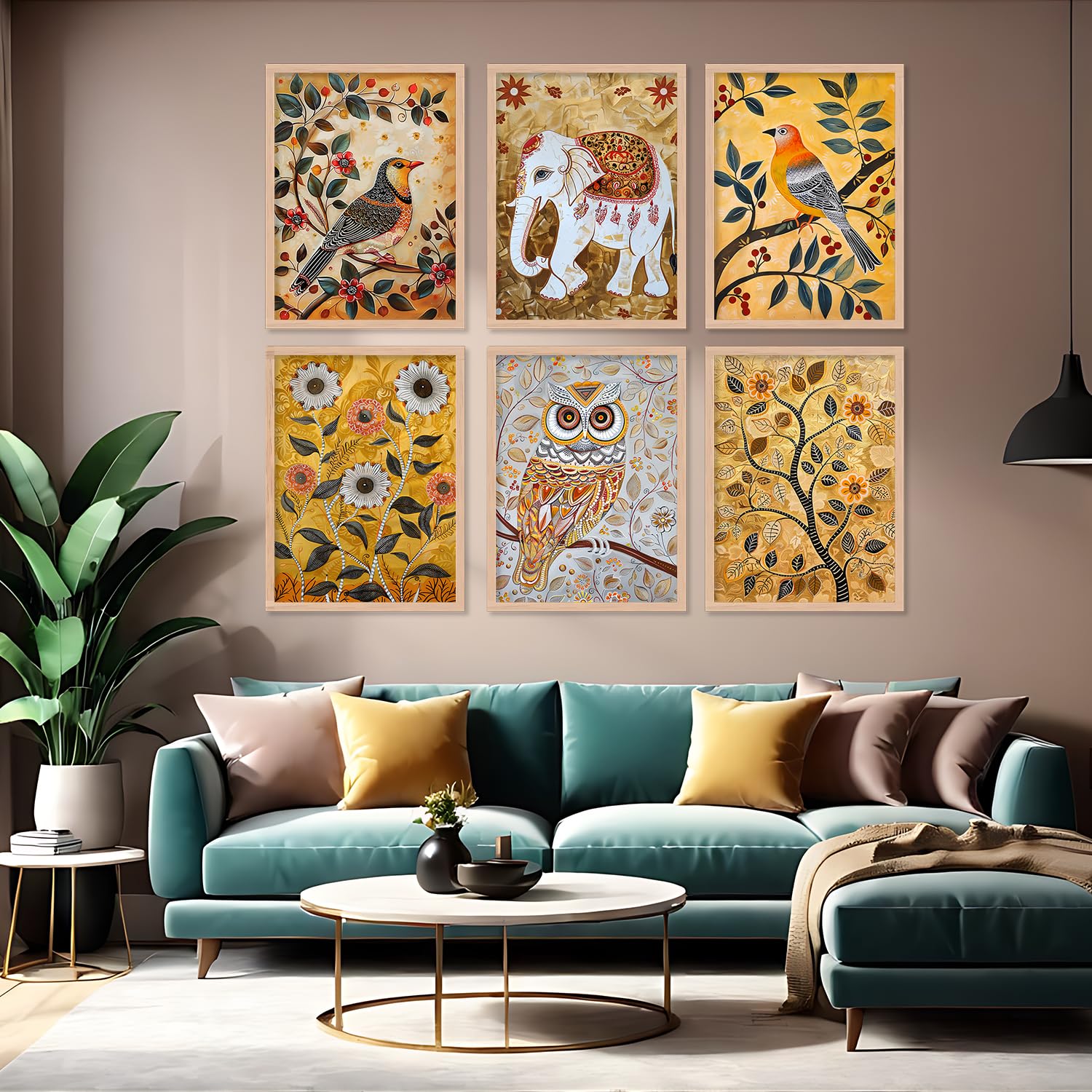 ARTELLY Madhubani Paintings For Home Living Room Bedroom - Pichwai Painting For Wall Decoration - Traditional Indian Big Size Frames For Office Wall Decor (Set of 6) (Wall Art 2, 10x13 inch)